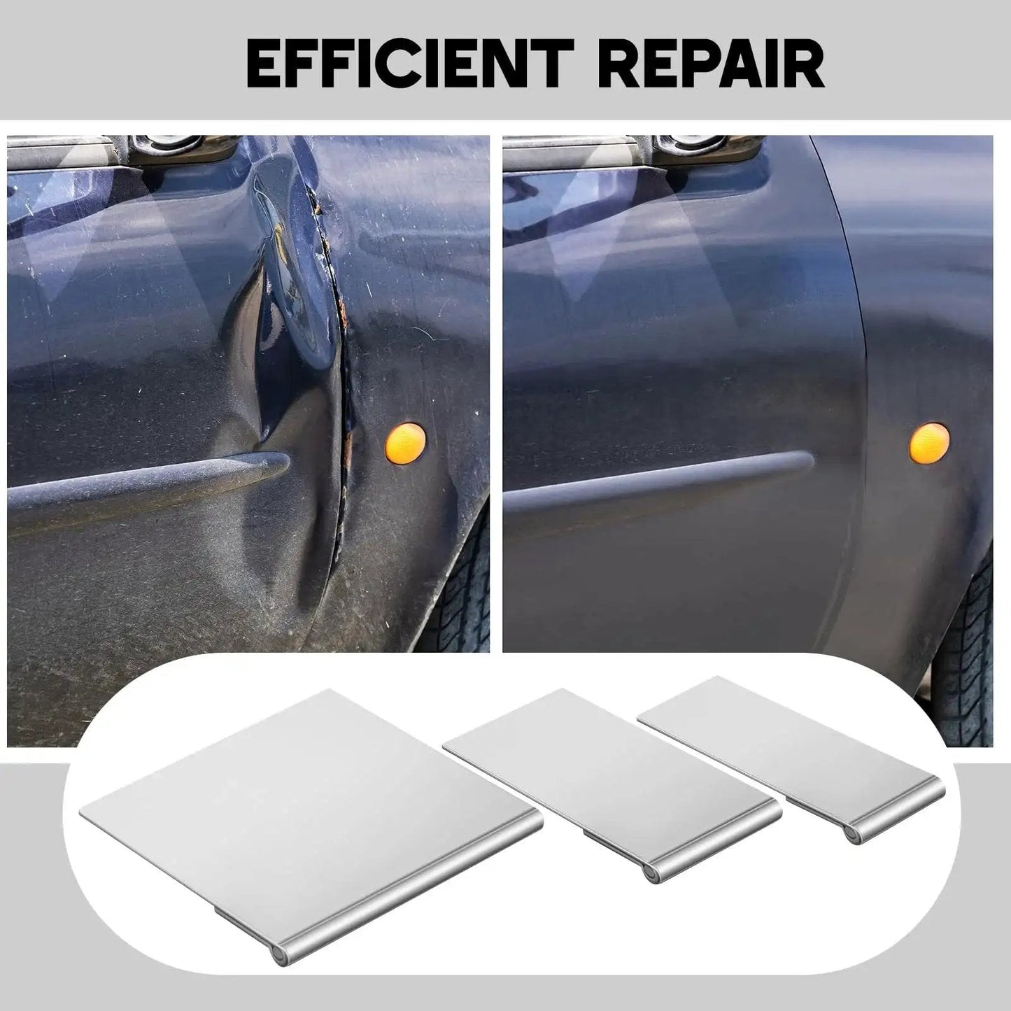 20 Piece Pull Plate Kit For Auto Body Repair With Heat Treated Steel Plates In 1 Inch, 1.5 Inch, And 3 Inch Sizes Before and After
