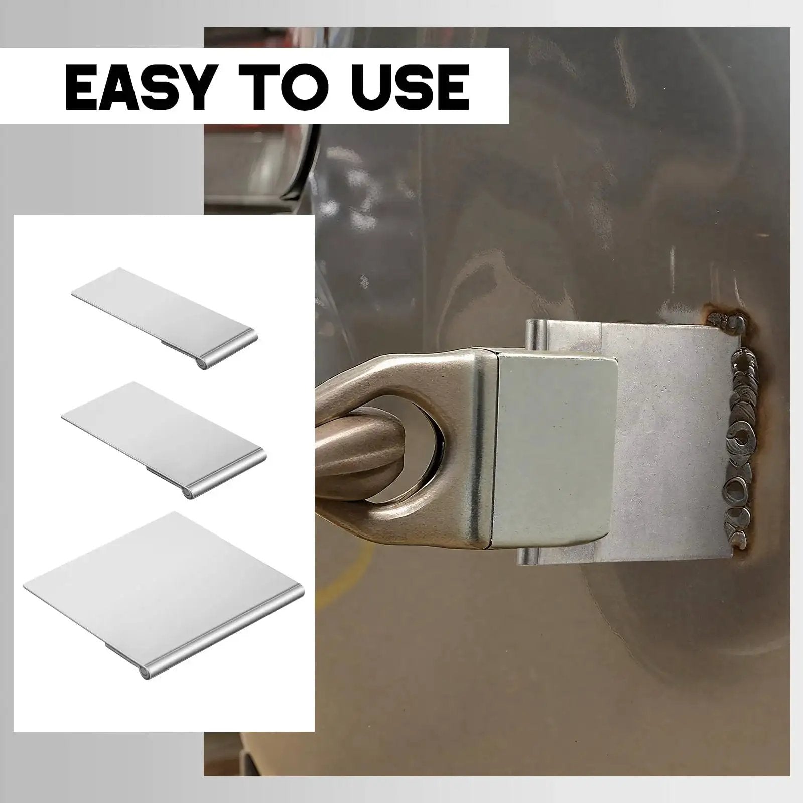 20 Piece Pull Plate Kit for Auto Body Repair with Heat Treated Steel Plates shown during weld and pull clamp use on vehicle dent.