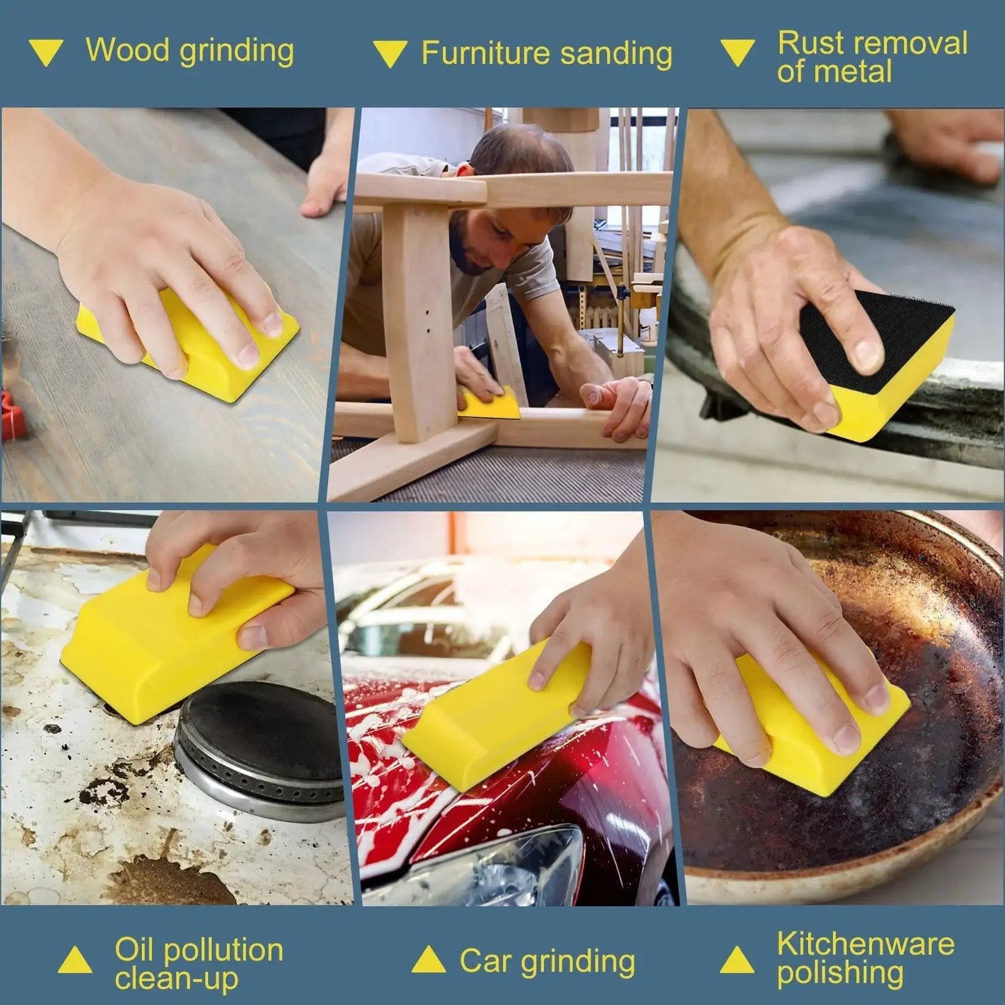 Collage showing various uses of Auto Body Sanding Block Set 7 Pieces For Woodworking And Automotive Refinishing