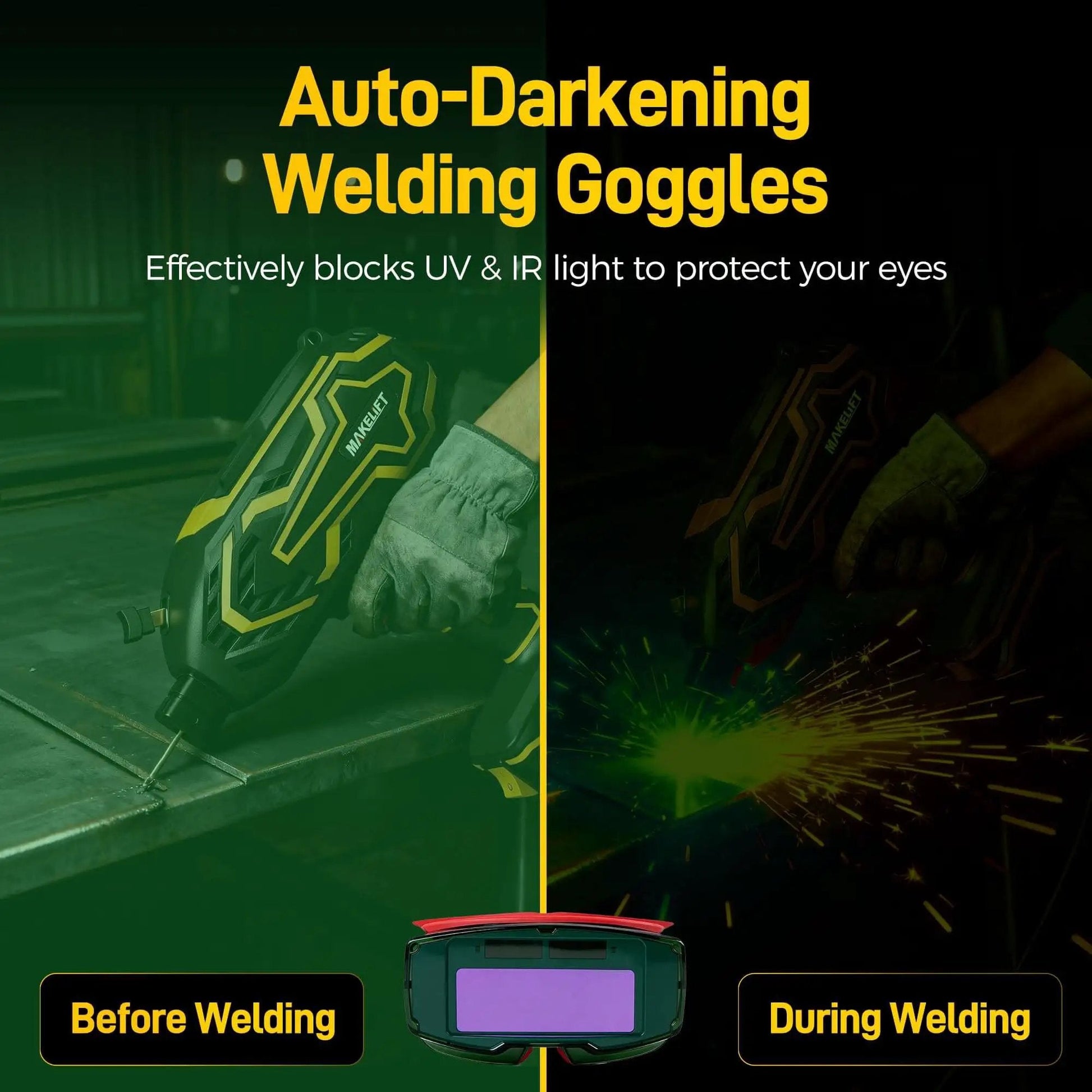 Portable 110V IGBT Inverter Welder With Auto Darkening Goggles Included in action before and during welding