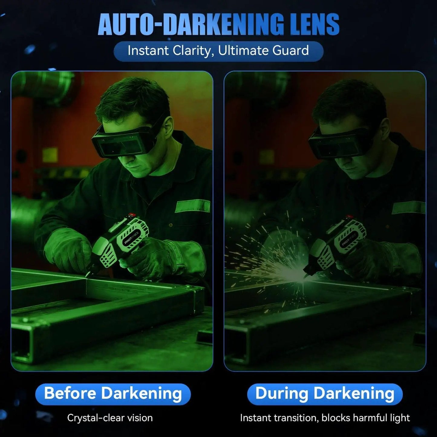 Welder demonstrating auto-darkening lens feature in safety goggles while using Portable 110V Handheld IGBT Inverter Welder For Home DIY Projects.