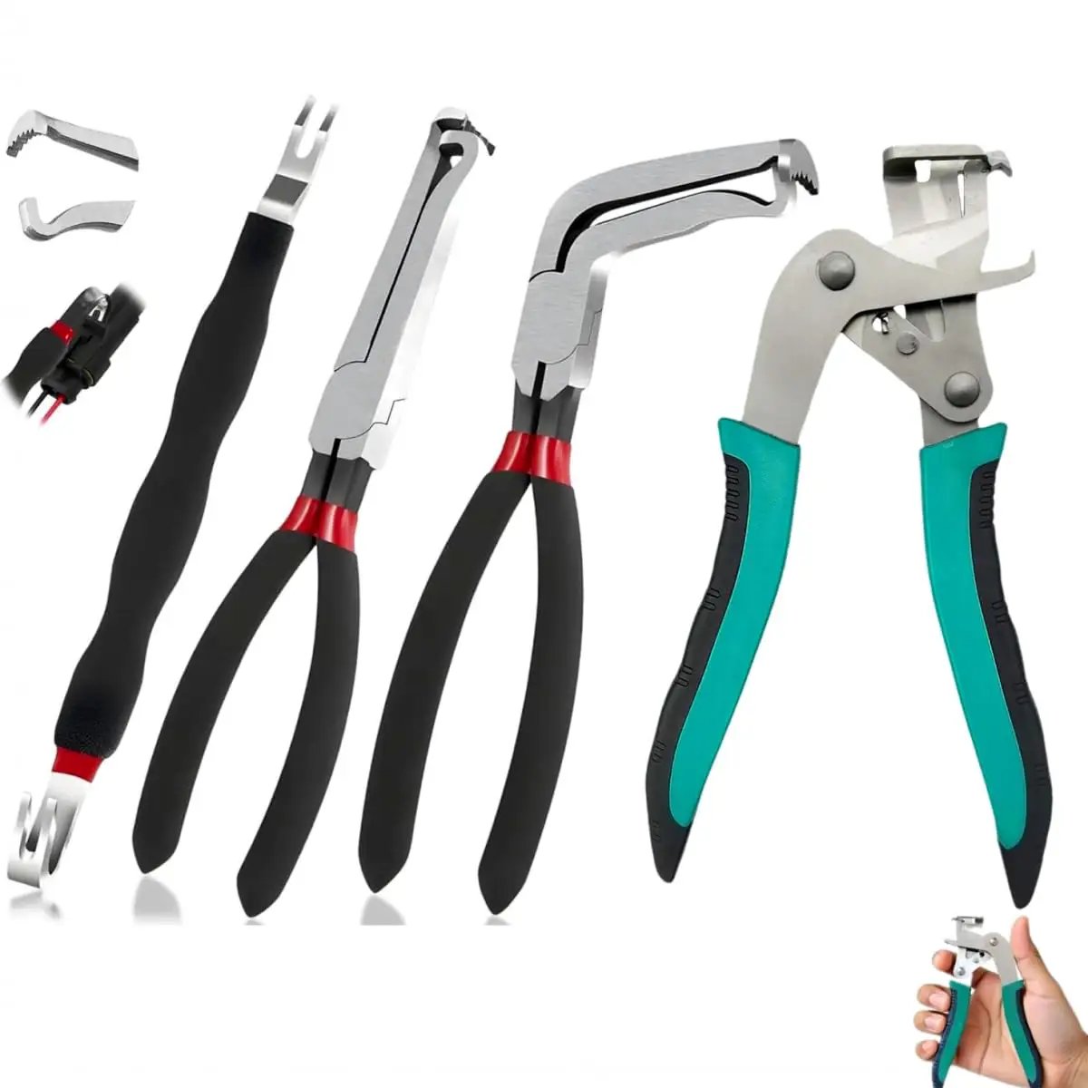 All In One Car Clip Pliers Set For Auto Disassembly, Multi Function Snap Ring Pliers And Electrical Disconnect Tools, 4 Piece Set
