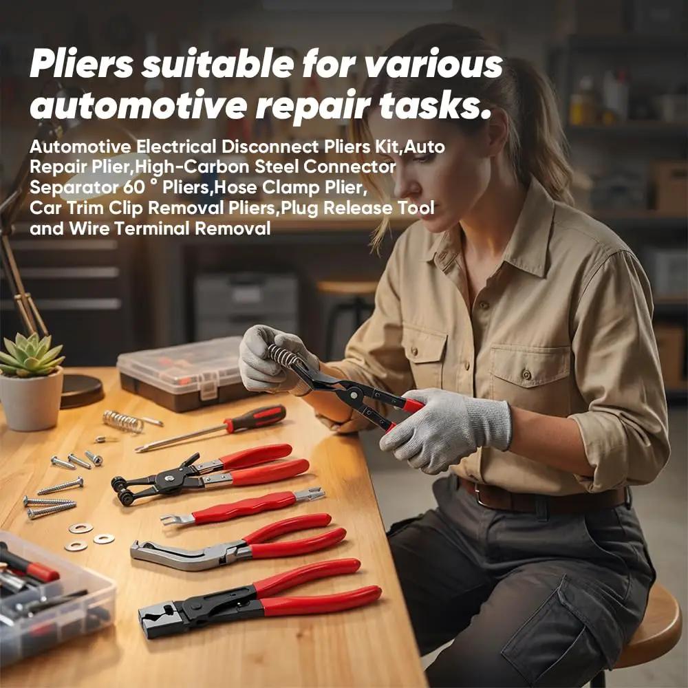 Person using 5 Piece Auto Electrical Pliers Kit For Auto Repair Includes 60 Degree Angled Connector Separator Pliers Hose Clamp Pliers Trim Clip Removal Tools Plug Release And Wire Terminal Remover Pro Grade Heavy Duty High Carbon Steel Construction at a workshop.
