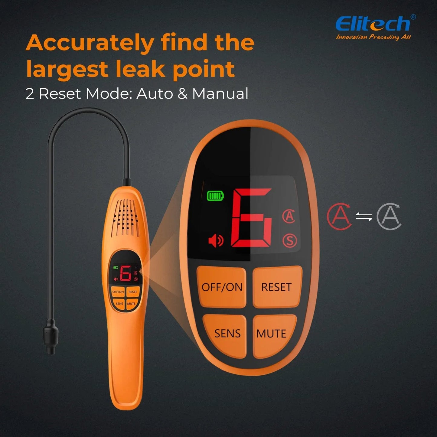 Top Pick Auto Refrigerant Leak Detector With Heated Diode Sensor For Car Air Conditioning Systems Detecting R134A R410A R1234YF R600a R290 And All Halogenated Refrigerants Including CFCs HFCs HCFCs HFOs Elitech LD-100 Plus close-up of control panel and display.