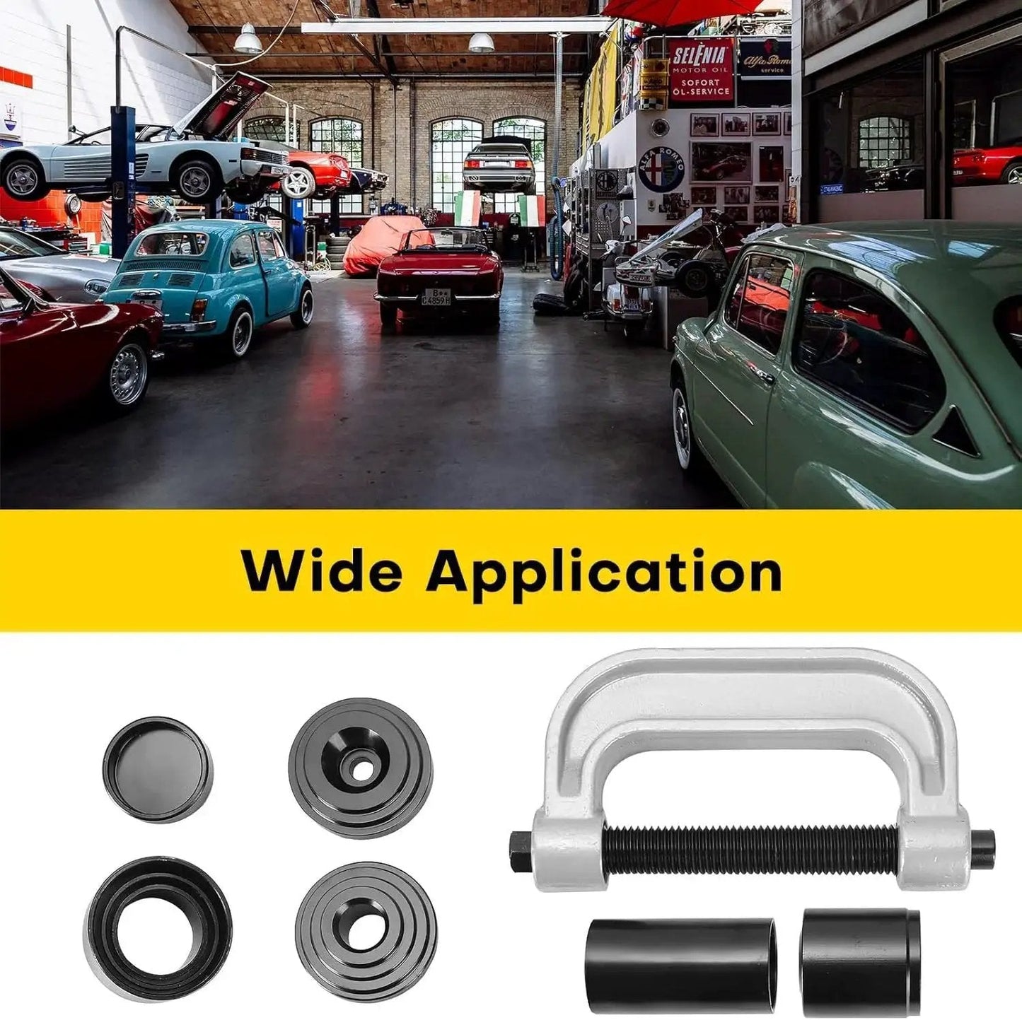 Heavy Duty Ball Joint Press Kit With U Joint Removal Tool And 4WD Adapters shown in auto repair shop