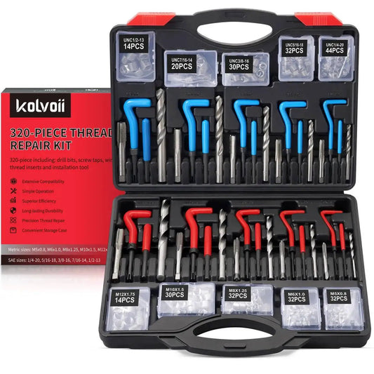 Must Have Ultimate Auto Thread Repair Kit with 320 Piece Set showing drills, taps, wire inserts, and installation tool in case