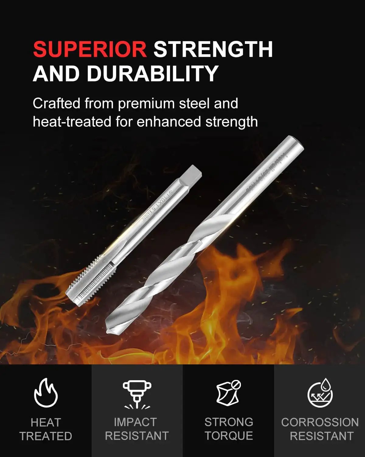 Thread repair drill and tap with flames, featuring Must Have Ultimate Auto Thread Repair Kit With 320 Piece Set For SAE And Metric Sizes.