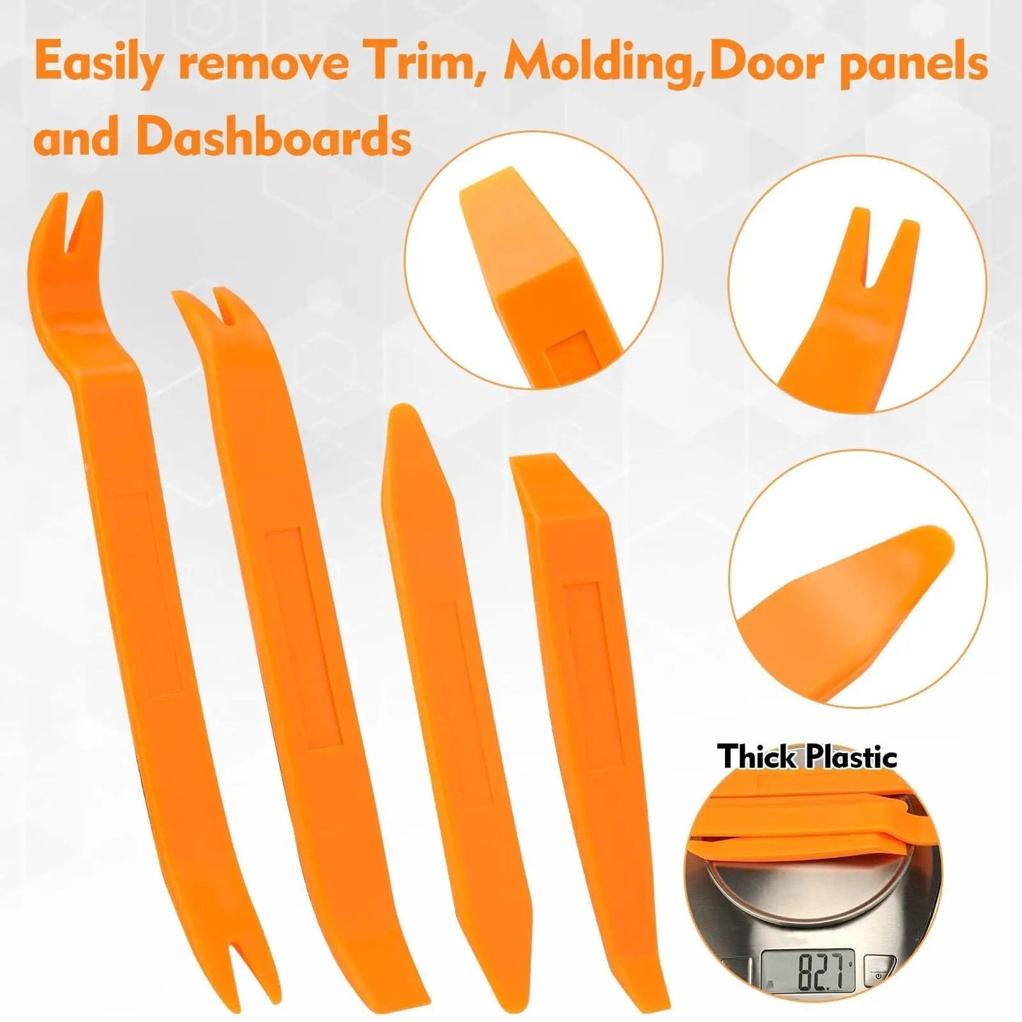 Four-piece Auto Trim Removal Tool Kit Set with thick plastic for car dash and radio installation, shown with weight of 82.7g