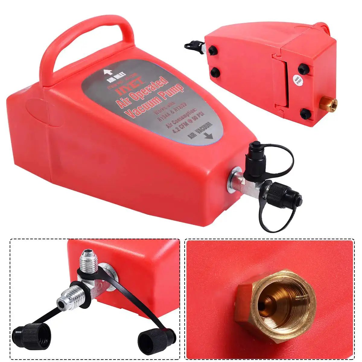 Auto Operated Vacuum Pump for Car Air Conditioning System with fittings, lightweight AT4280, compatible with R134A and R12 refrigerants.