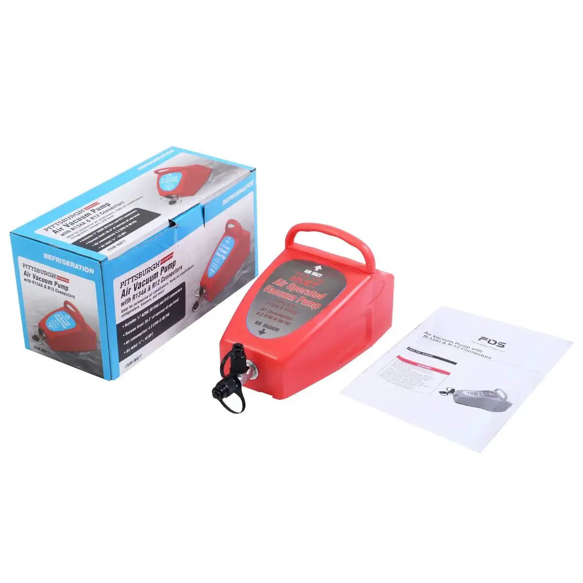 Auto Operated Vacuum Pump for Car Air Conditioning System with packaging and manual, ideal for R134A and R12 refrigerants, AT4280 part number