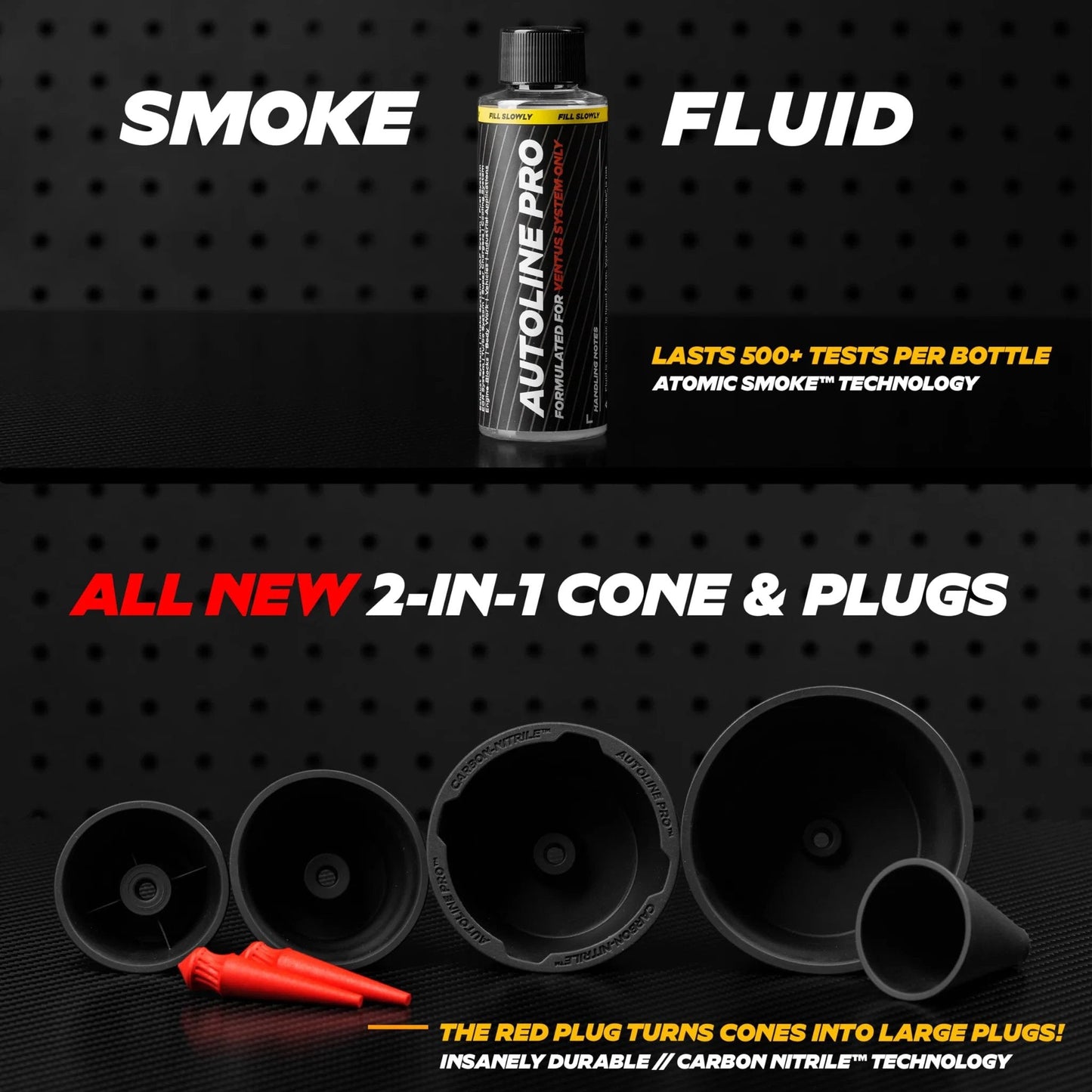 Ventus Smoke Machine Leak Tester For EVAP And Vacuum Systems With Built In Air Compressor And Self Powered Li Ion Battery Odorless Fluid Lasts 500 Tests Ideal For EVAP Intake Exhaust Turbo EGR Cooling Blocks Oil Leaks Trucks Tractors And More AutoLine Pro smoke fluid bottle with 2-in-1 cone and plugs displayed on a black background.