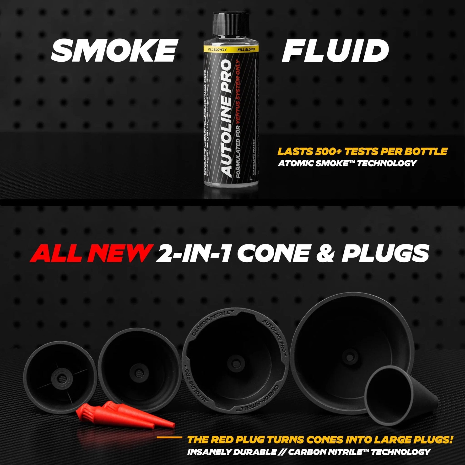Ventus Smoke Machine Leak Tester For EVAP And Vacuum Systems With Built In Air Compressor And Self Powered Li Ion Battery Odorless Fluid Lasts 500 Tests Ideal For EVAP Intake Exhaust Turbo EGR Cooling Blocks Oil Leaks Trucks Tractors And More AutoLine Pro smoke fluid bottle with 2-in-1 cone and plugs displayed on a black background.