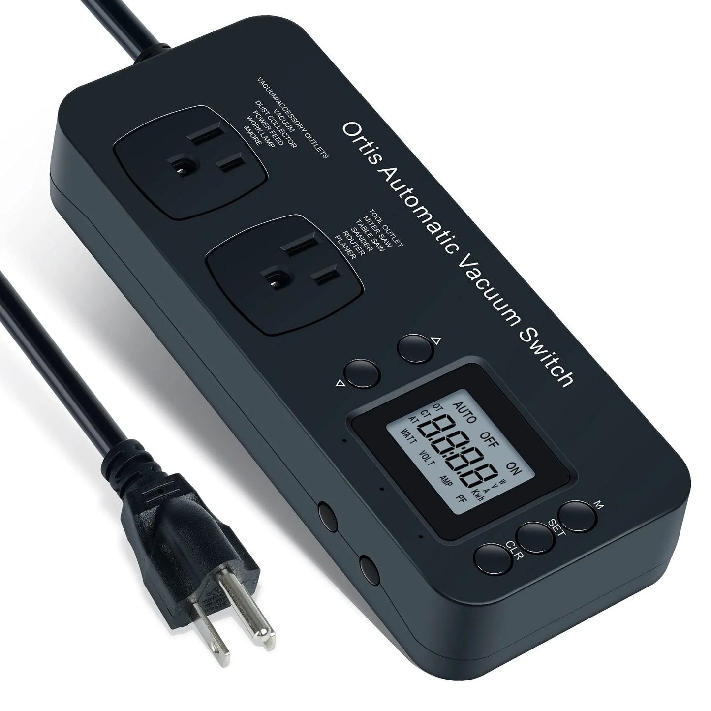 Automatic Vacuum Switch For Power Tools With Real Time Power Monitoring And Autoswitch Delay To Prevent Circuit Overload And Tripping Tracks Volts Amps Kilowatt Hours Run Time And Has Adjustable Actuation Threshold For Stable Efficient Tool Performance, side view with LCD display and two outlets.