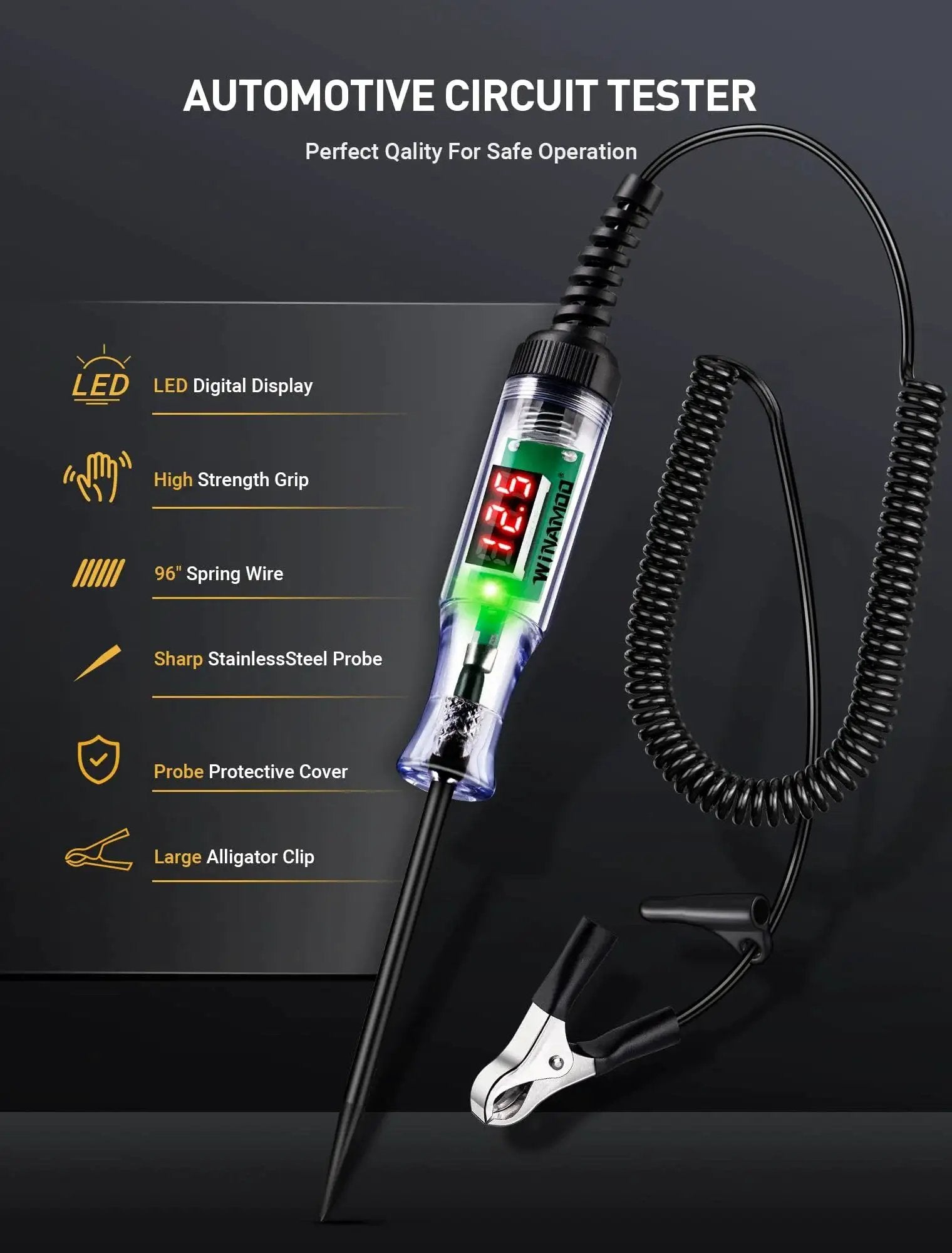 Compact automotive test light with a 3 to 48V LED digital display, 96 inch coiled cord, alligator clip, and stainless steel probe.