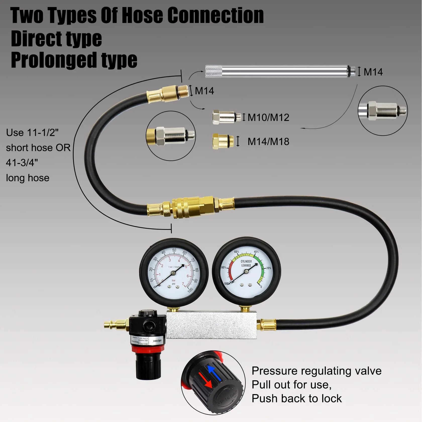 Pro Grade Cylinder Leak Down Tester Kit For Automotive Engines With Dual Gauge 3 In 1 Diagnostic Tool for Pressure Check and Leakage Rate Test Includes Extension Rod Rubber Hose and Metal Adapters Blue, showing hose connections and gauges.