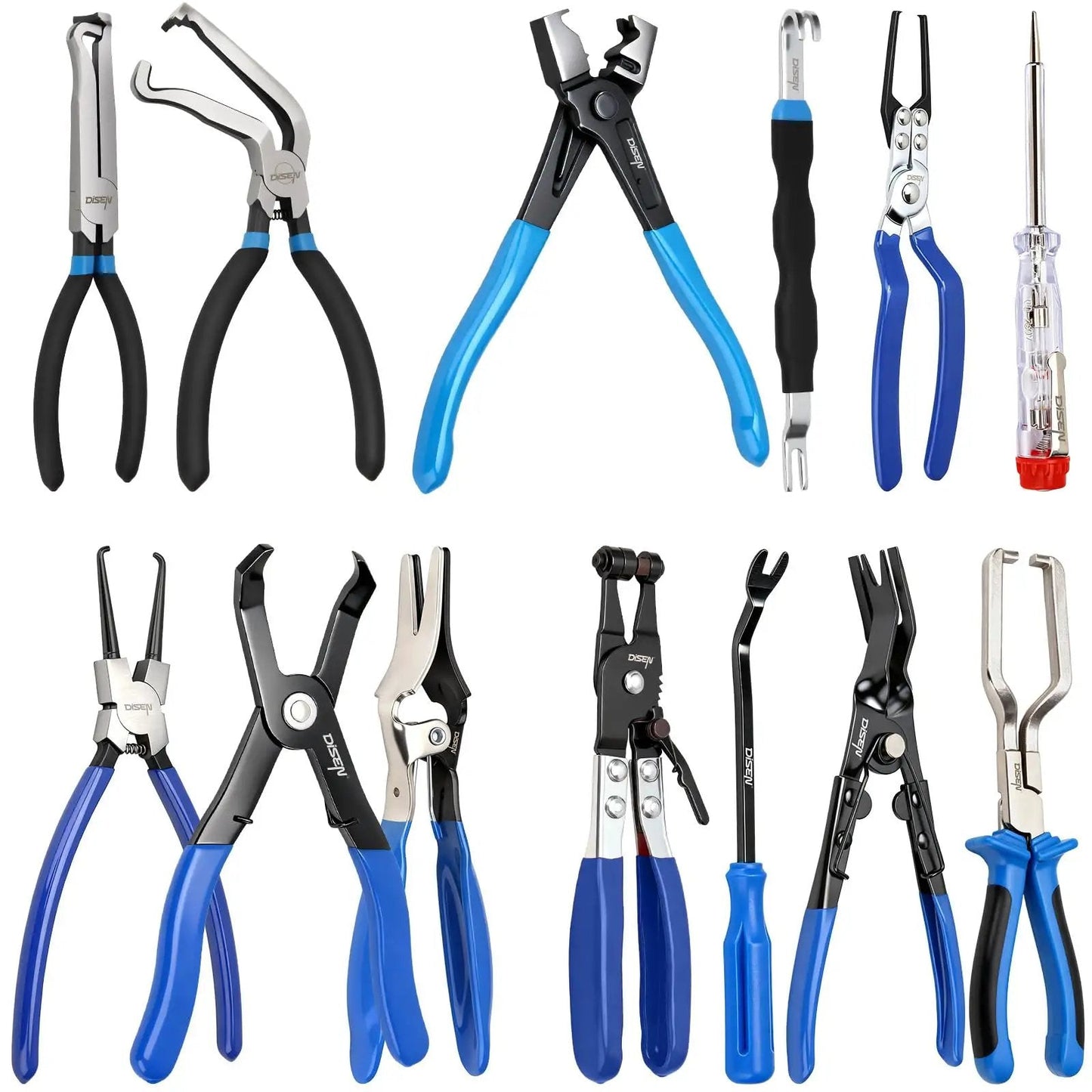 13-Piece Automotive Electrical Disconnect Pliers And Fuel Line Tool Set With Storage Bags Featuring Vertical And 60 Degree Disconnect Pliers Dual-Head Separator Trim Removal Pry Panel Clip Pliers Hose Remover Push Pin Remover Caliper Spring Clamp Tools displayed on white background
