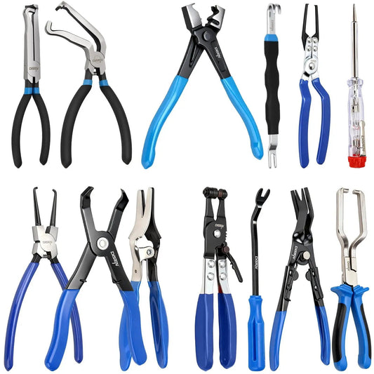 13-Piece Automotive Electrical Disconnect Pliers And Fuel Line Tool Set With Storage Bags Featuring Vertical And 60 Degree Disconnect Pliers Dual-Head Separator Trim Removal Pry Panel Clip Pliers Hose Remover Push Pin Remover Caliper Spring Clamp Tools displayed on white background