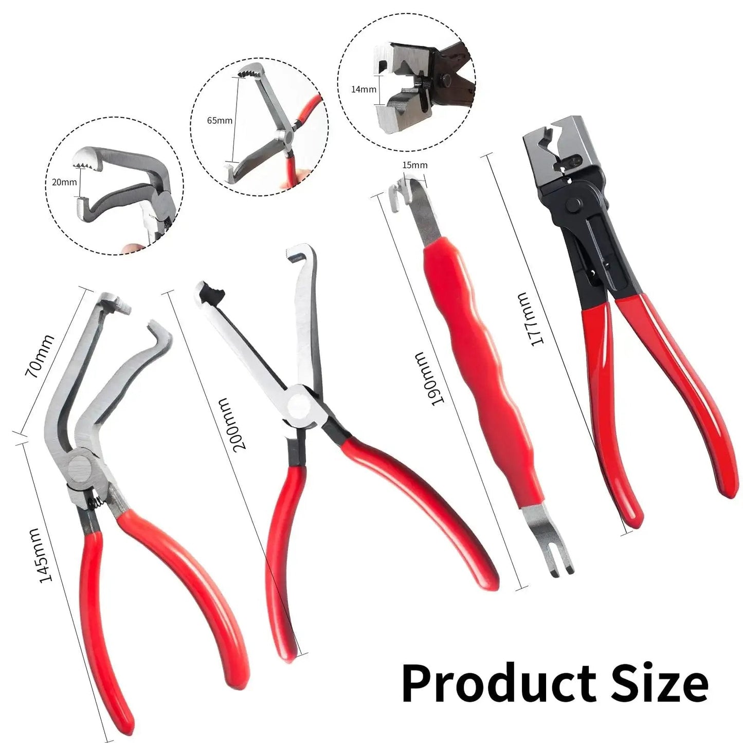 4 Piece Automotive Electrical Disconnect Pliers Set Designed For Car Connectors And Hose Clamps Made From Durable High Carbon Steel With Anti Slip Plastic Coated Handles Provides Safe Quick Disconnect Without Wear, showing different sizes and red handles.