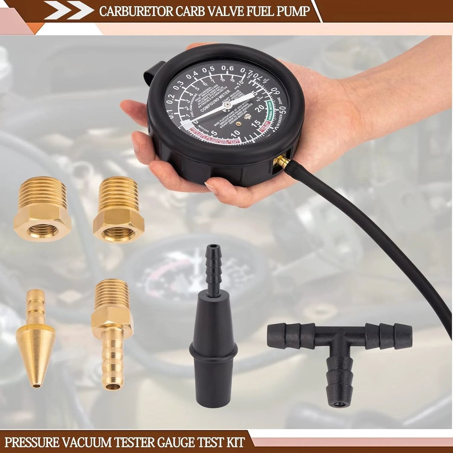 Automotive Vacuum Gauge And Fuel Pressure Tester Kit For Engine Diagnostics To Check Fuel Delivery Pressure And Vacuum System Conditions And Detect Leaks Stuck Or Worn Fuel Pumps In Cars Trucks And More Pro Grade VECKYJL showing gauge and adapters.