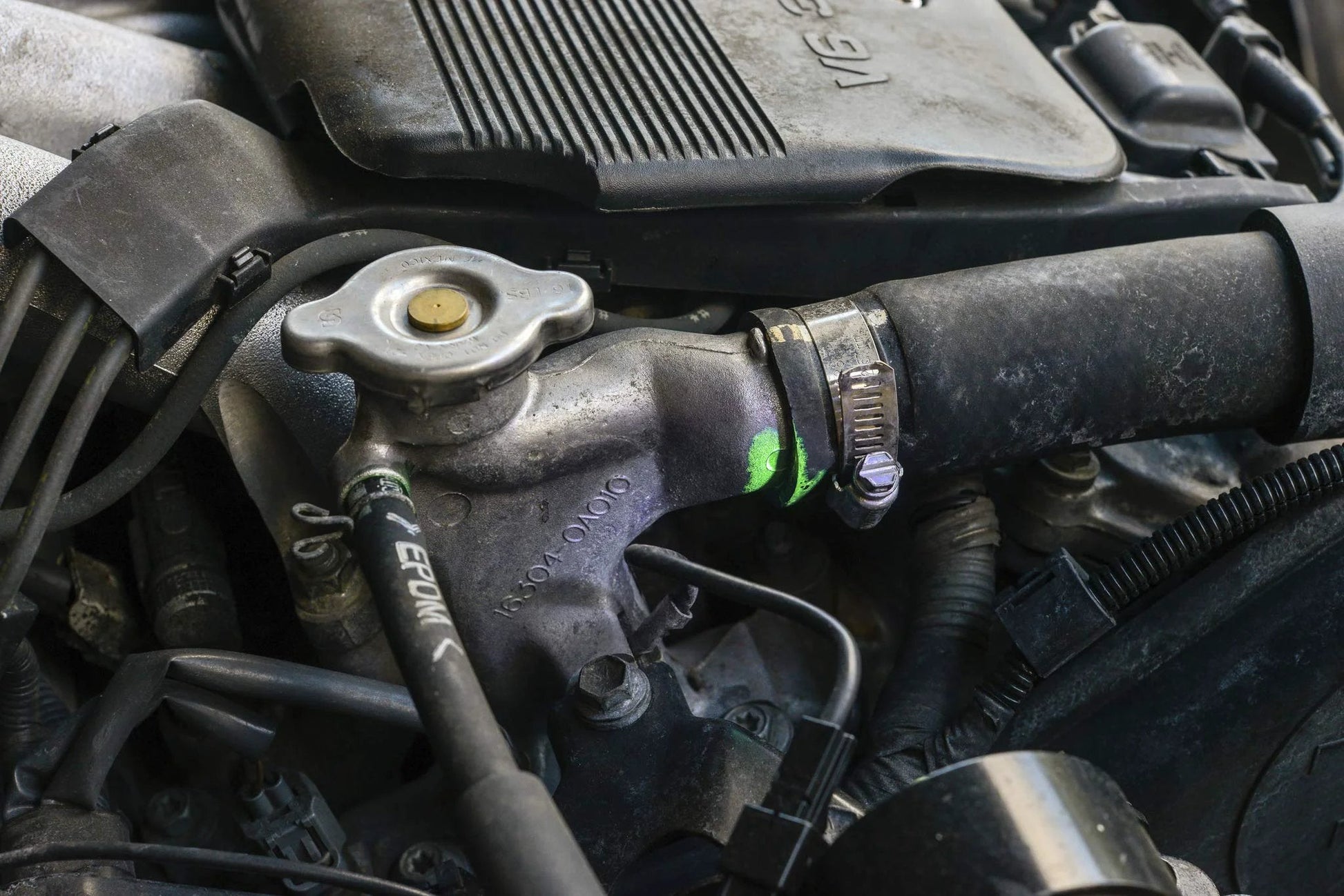 Installed Bright Ultraviolet Automotive Leak Detection Dye For Radiators Hoses Heater Cores And Water Pumps 1Oz Fluorescent Dye on engine.
