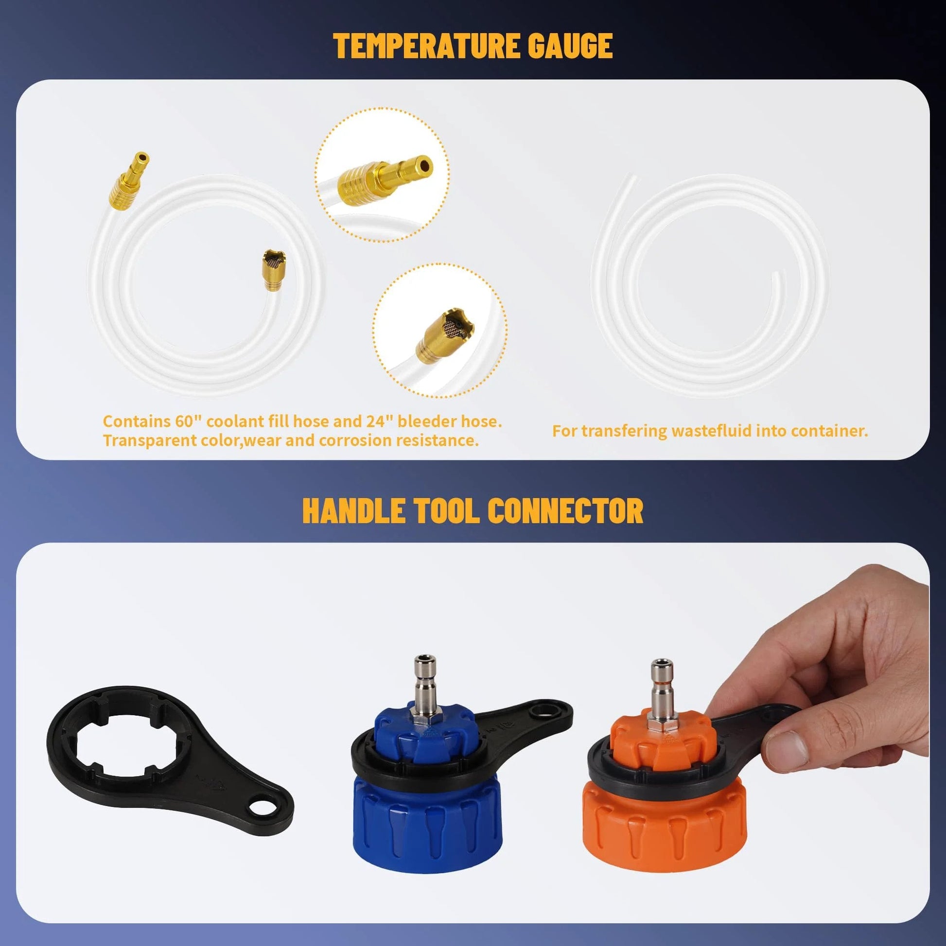 Universal 34 Piece Radiator Pressure Tester Kit With Vacuum Refill For Automotive Cooling System Leaks Detection And Vacuum Purge Comes In A Thick Blow Molded Toolbox To Keep Every Tool Secure Includes Test Caps And Vacuum Pump For Fast Diagnostics, showing temperature gauge and handle tool connector.