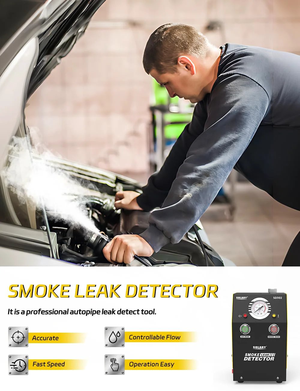 Professional Car Smoke Machine For Leak Detection And EVAP System Testing, 12V DC Portable Smoke Tester, SD302 Solary in use.