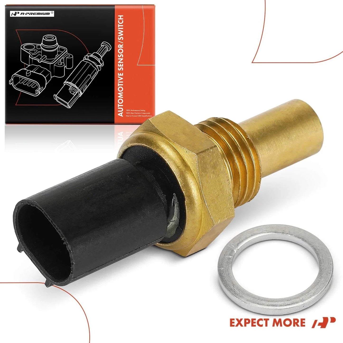Engine Coolant Temperature Sensor 2 Pins For Mercedes Benz Chrysler Dodge Jeep And More Bolt Right Fit, brass and plastic, side view with washer.