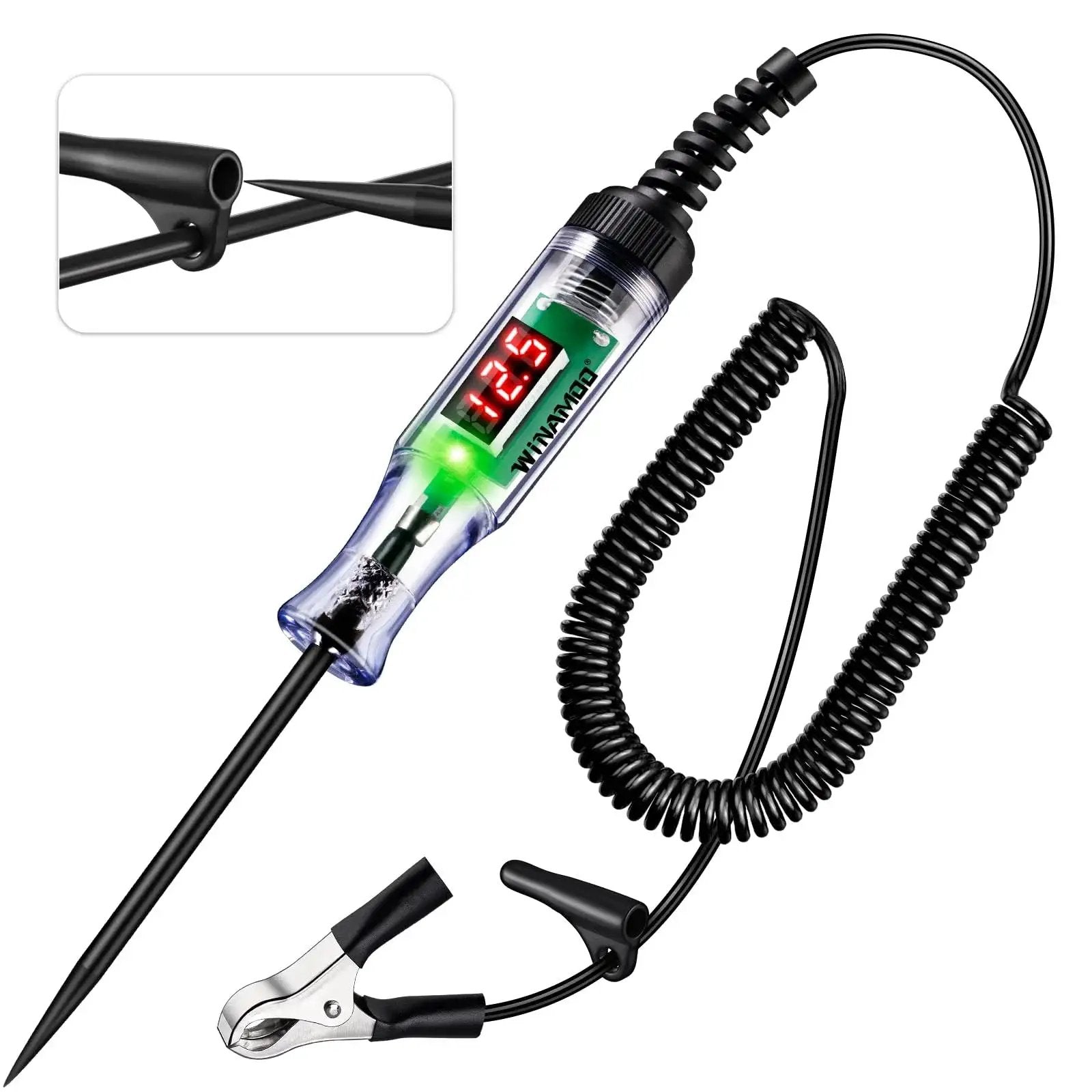Compact automotive test light with a 3 to 48V LED digital display for quick battery checks, alternator tests, and wiring diagnostics