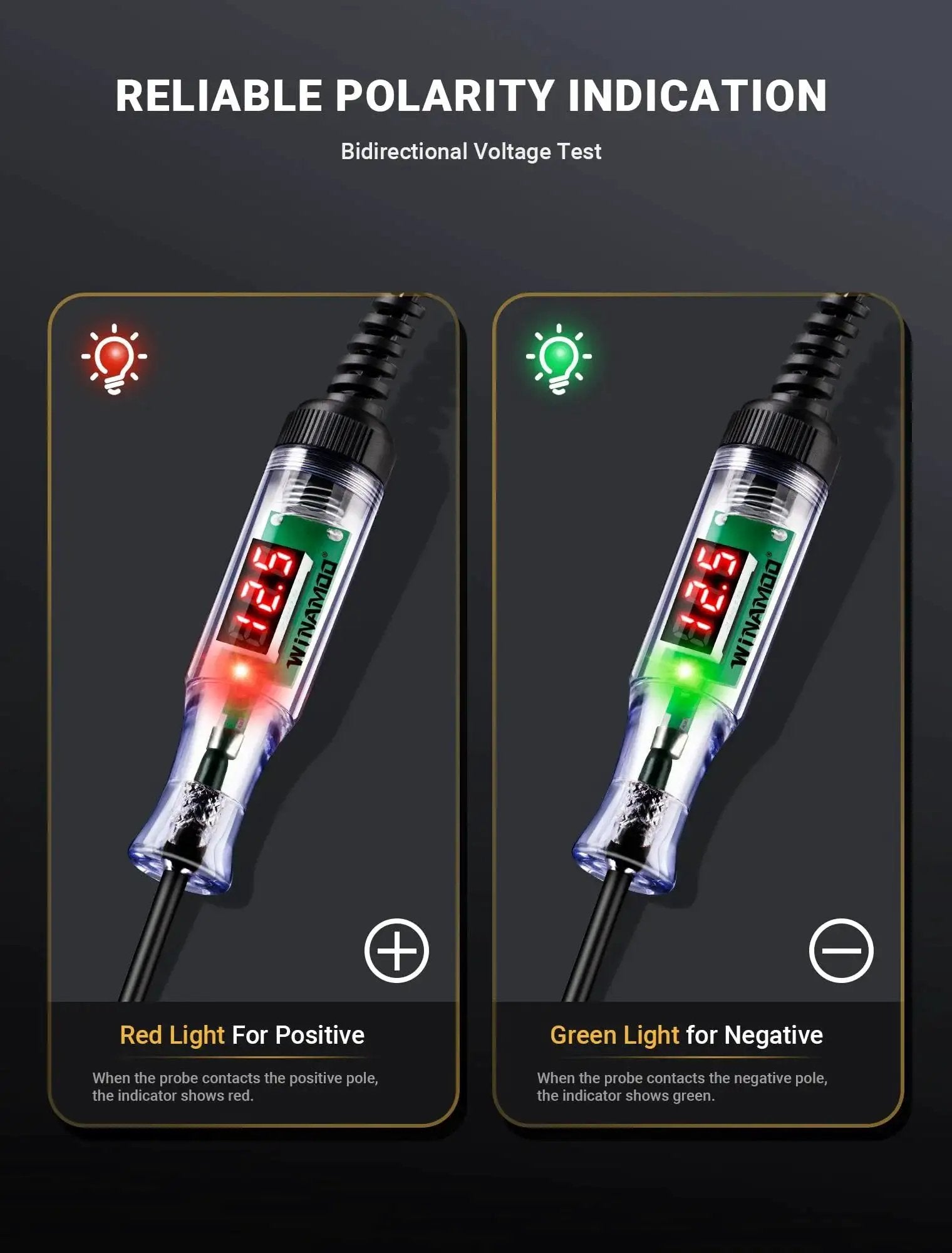 Compact automotive test light with a 3 to 48V LED digital display showing polarity indicators and precise 0.1V readouts
