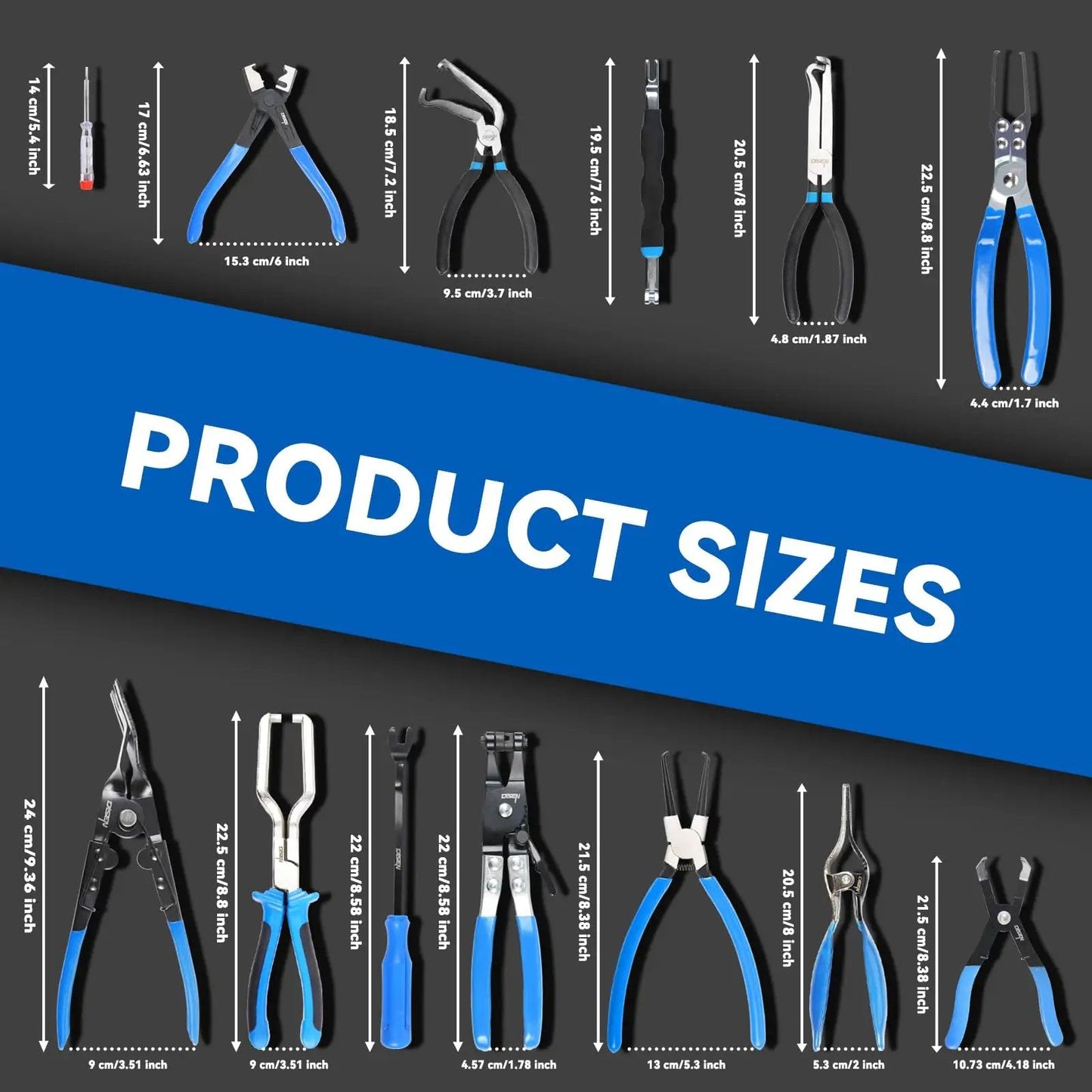 13-Piece Automotive Electrical Disconnect Pliers And Fuel Line Tool Set With Storage Bags featuring various tool sizes.