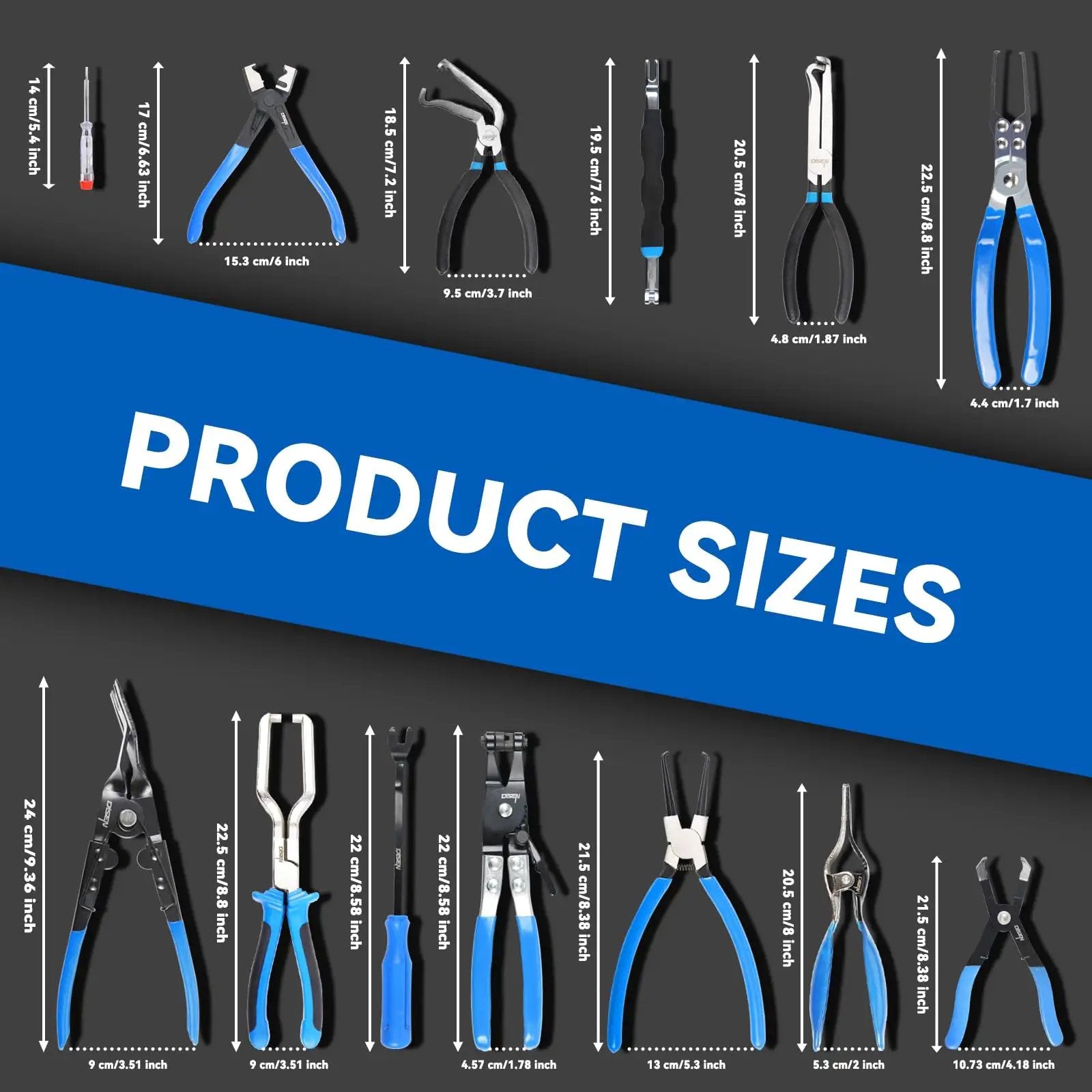 13-Piece Automotive Electrical Disconnect Pliers And Fuel Line Tool Set With Storage Bags featuring various tool sizes.