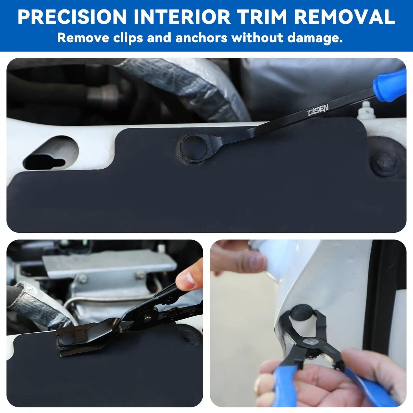 13-Piece Automotive Electrical Disconnect Pliers And Fuel Line Tool Set used for precision trim removal on vehicle panels.