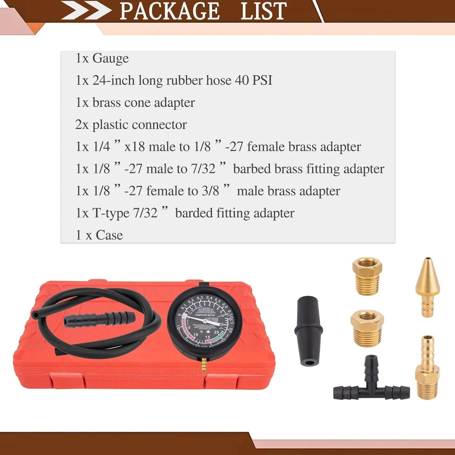 Automotive Vacuum Gauge And Fuel Pressure Tester Kit For Engine Diagnostics To Check Fuel Delivery Pressure And Vacuum System Conditions And Detect Leaks Stuck Or Worn Fuel Pumps In Cars Trucks And More Pro Grade VECKYJL in red case with various adapters.