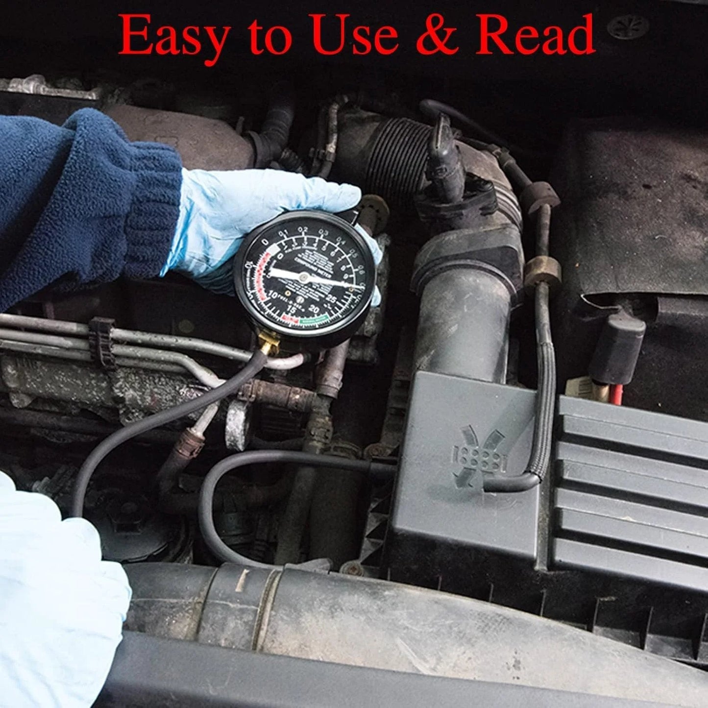 Automotive Vacuum Gauge And Fuel Pressure Tester Kit For Engine Diagnostics To Check Fuel Delivery Pressure And Vacuum System Conditions And Detect Leaks Stuck Or Worn Fuel Pumps In Cars Trucks And More Pro Grade VECKYJL being used on an engine.