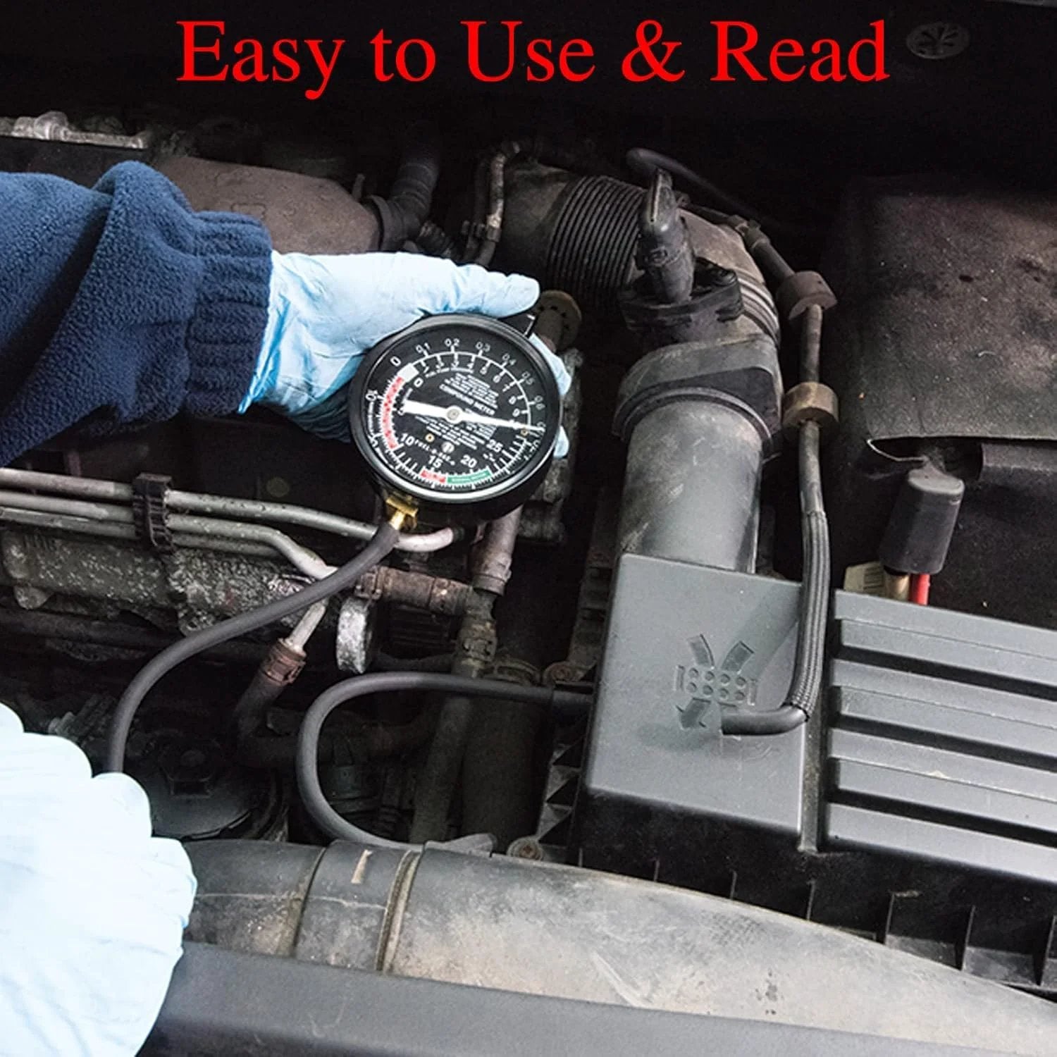 Automotive Vacuum Gauge And Fuel Pressure Tester Kit For Engine Diagnostics To Check Fuel Delivery Pressure And Vacuum System Conditions And Detect Leaks Stuck Or Worn Fuel Pumps In Cars Trucks And More Pro Grade VECKYJL being used on an engine.