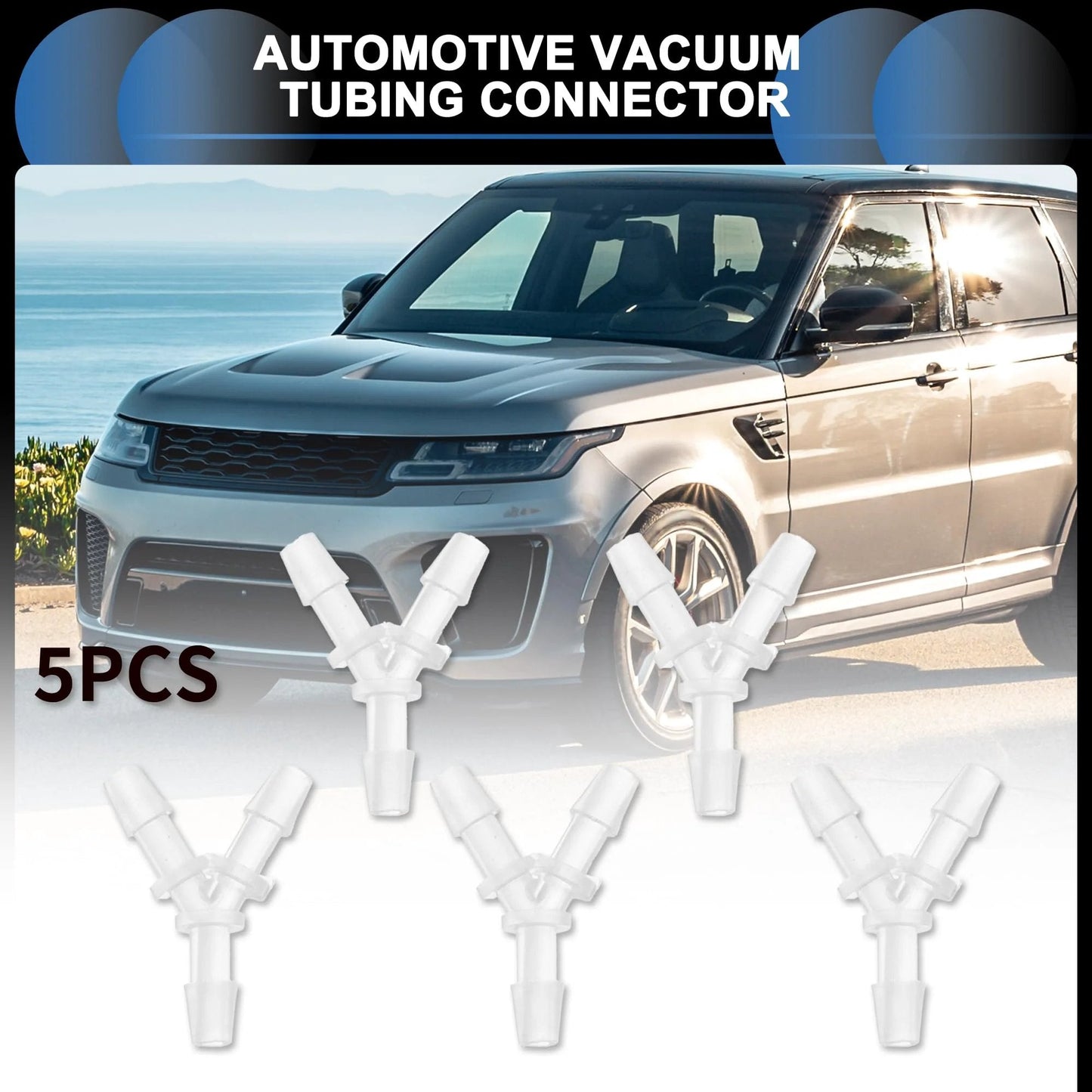 Three Way Car Vacuum Tubing Connector Kit Y Shaped One Eighth Inch Fittings Translucent Plastic Universal Fit Durable Corrosion Resistant For Cars Perfect For Vacuum Line Upgrades And Repairs Five Pack with five connectors in front of a vehicle.