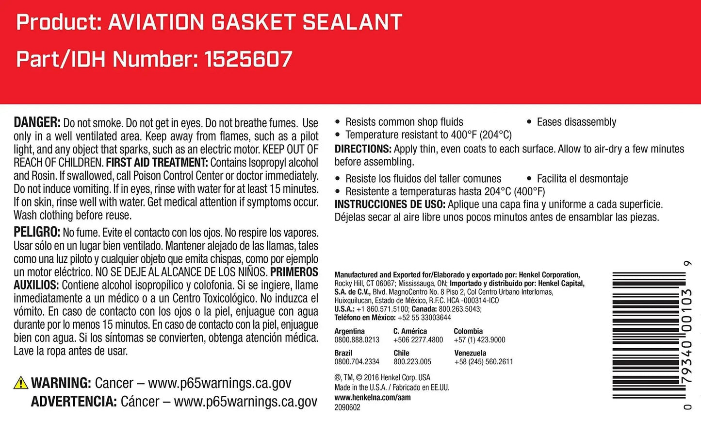 Label of aviation gasket sealant with warnings and instructions, featuring part IDH number 1525607, red and white packaging design.