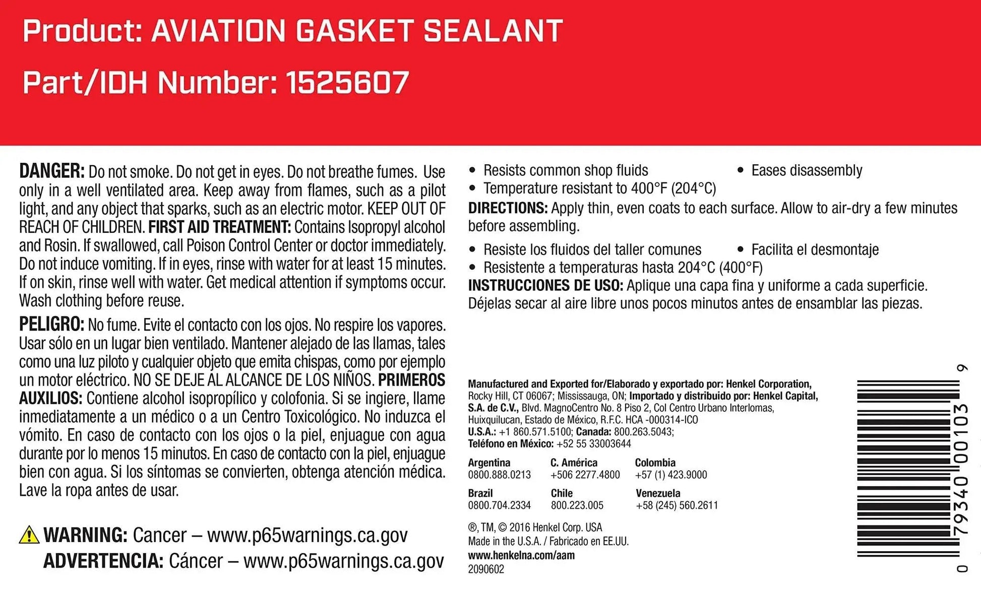 Label of aviation gasket sealant with warnings and instructions, featuring part IDH number 1525607, red and white packaging design.