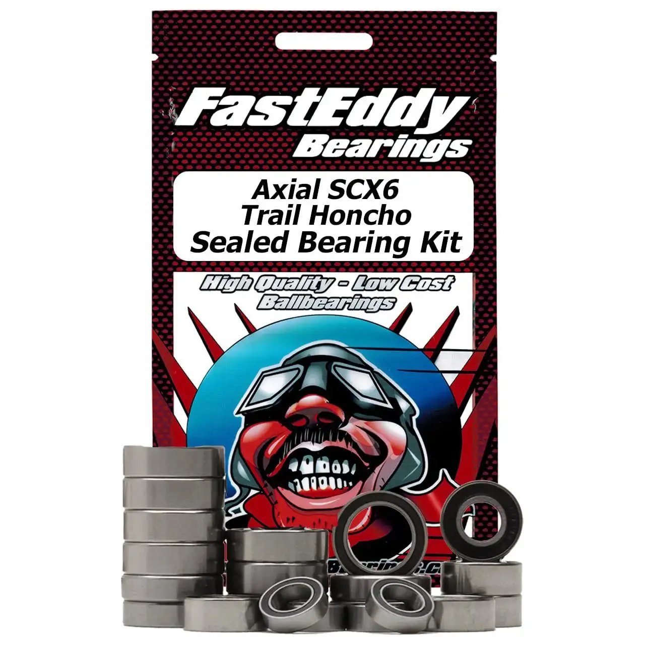 Axial SCX6 Trail Honcho Sealed Bearing Kit Upgrade With FastEddy Bearings packaging, chrome steel bearings visible in front