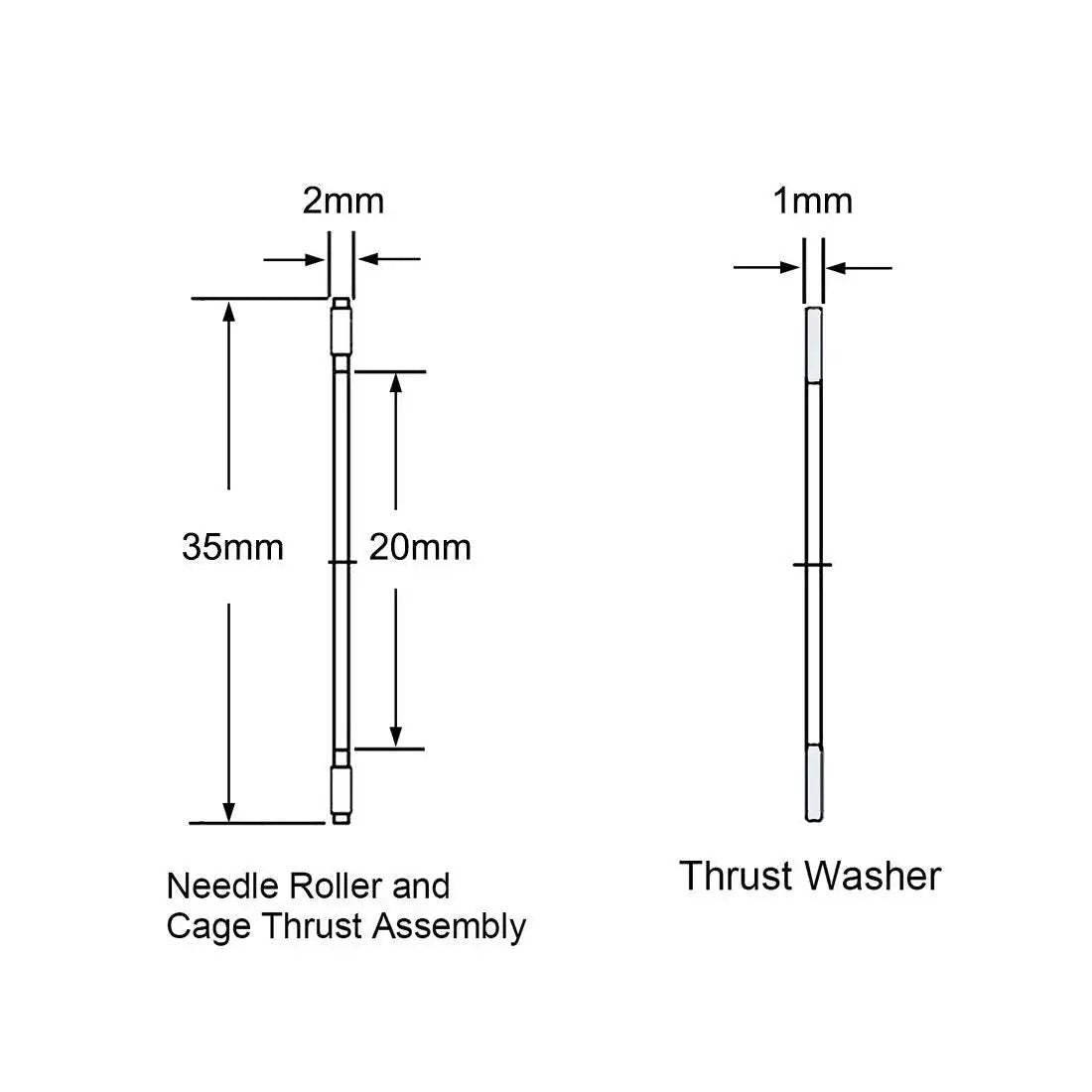 Illustration of Thrust Needle Roller Bearing Set AXK2035 With Washers 20mm Bore 35mm OD 2mm Width, dimensions labeled.