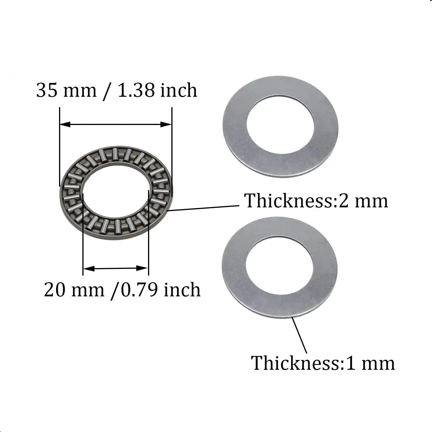 Heavy Duty Workhorse Thrust Needle Roller Bearing Set With Washers AXK2035, 20mm Bore, 35mm Outer Diameter, 2mm Width, steel cage.