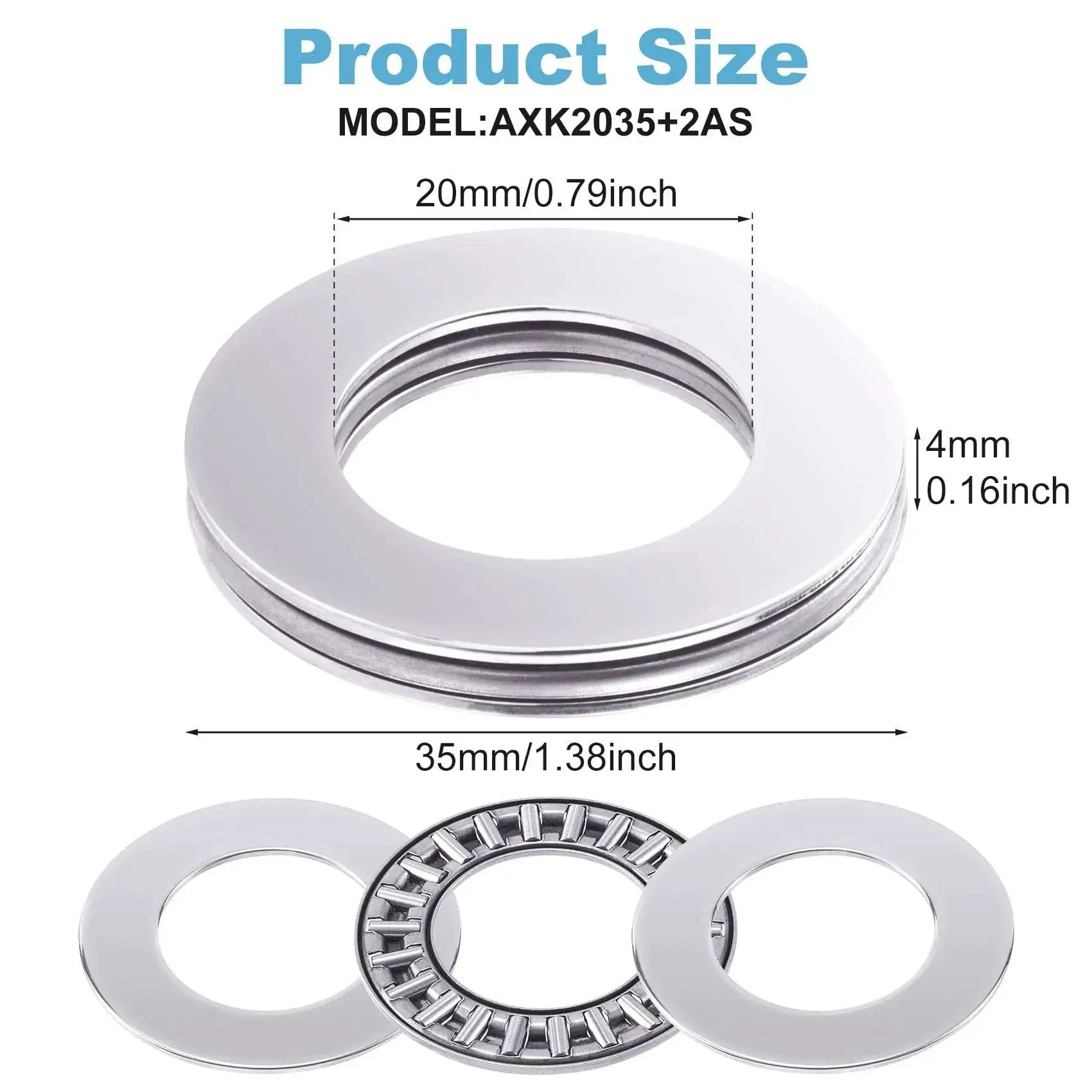 Six Set AXK2035 Needle Roller Bearings With Two AS Washers for mower, lawn tractor, automotive use, 35mm OD, 20mm ID, 4mm thick.