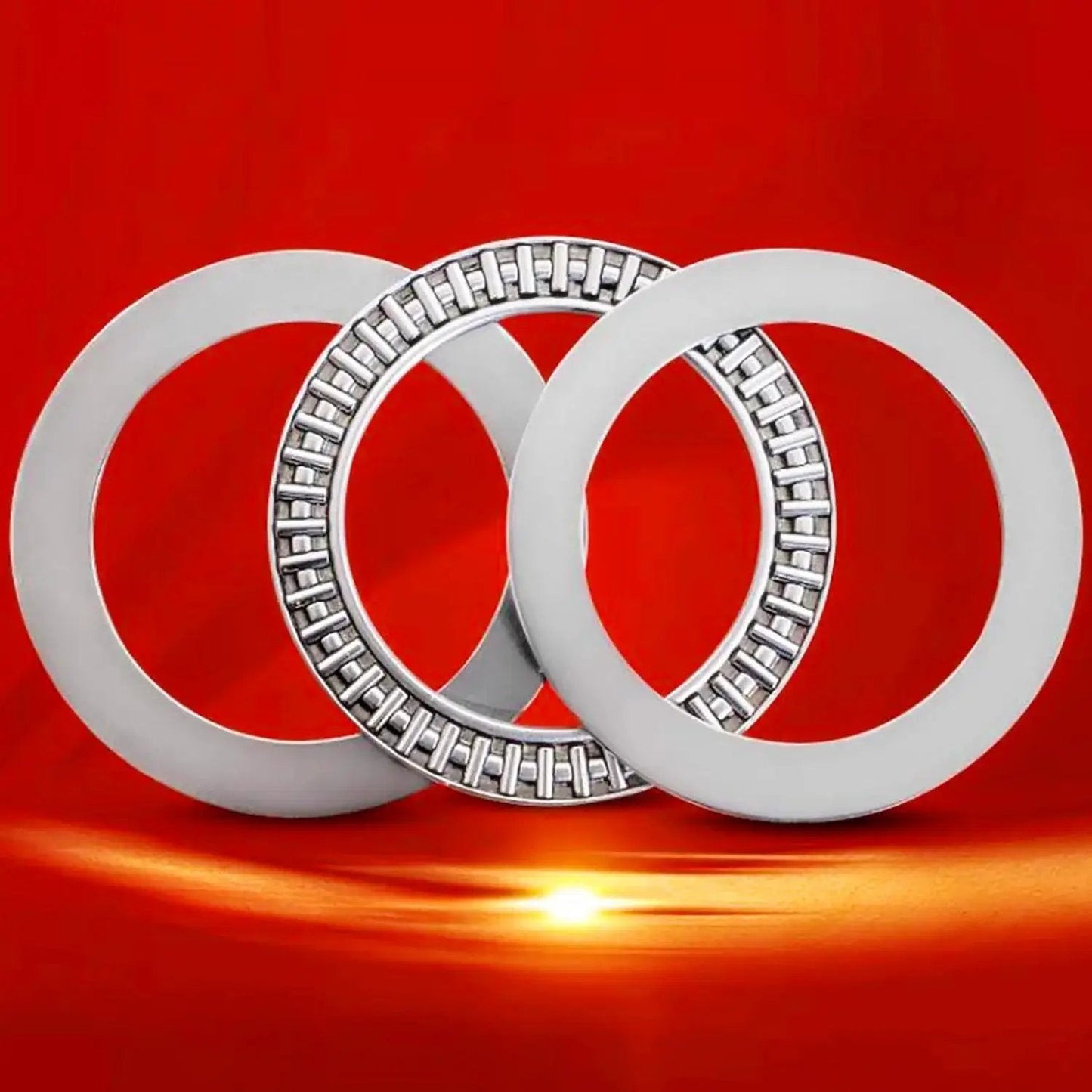 Heavy Duty Workhorse Thrust Needle Roller Bearing Set With Washers AXK2035, showing precision steel and design on red background