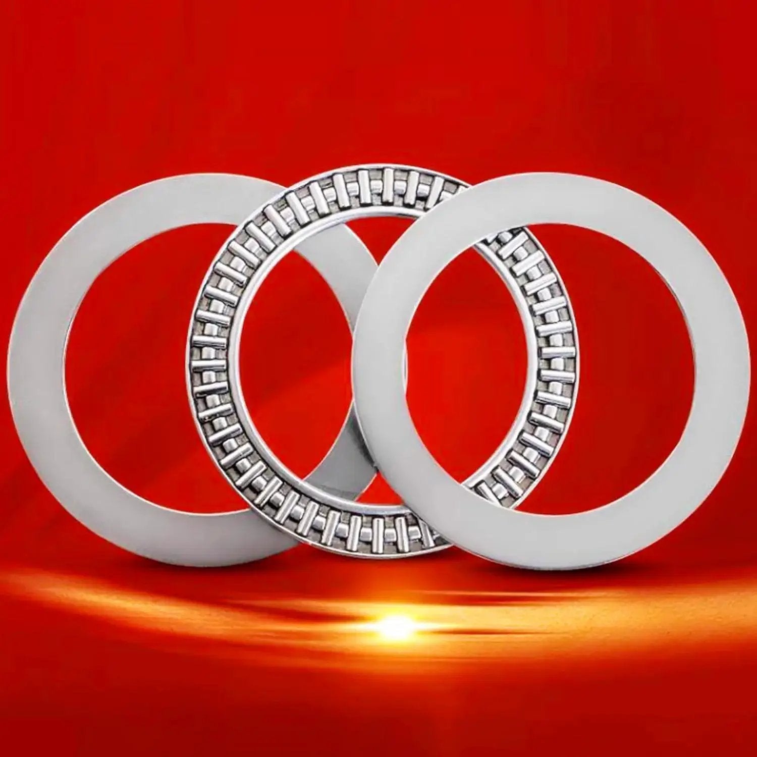 Heavy Duty Workhorse Thrust Needle Roller Bearing Set With Washers AXK2035, showing precision steel and design on red background
