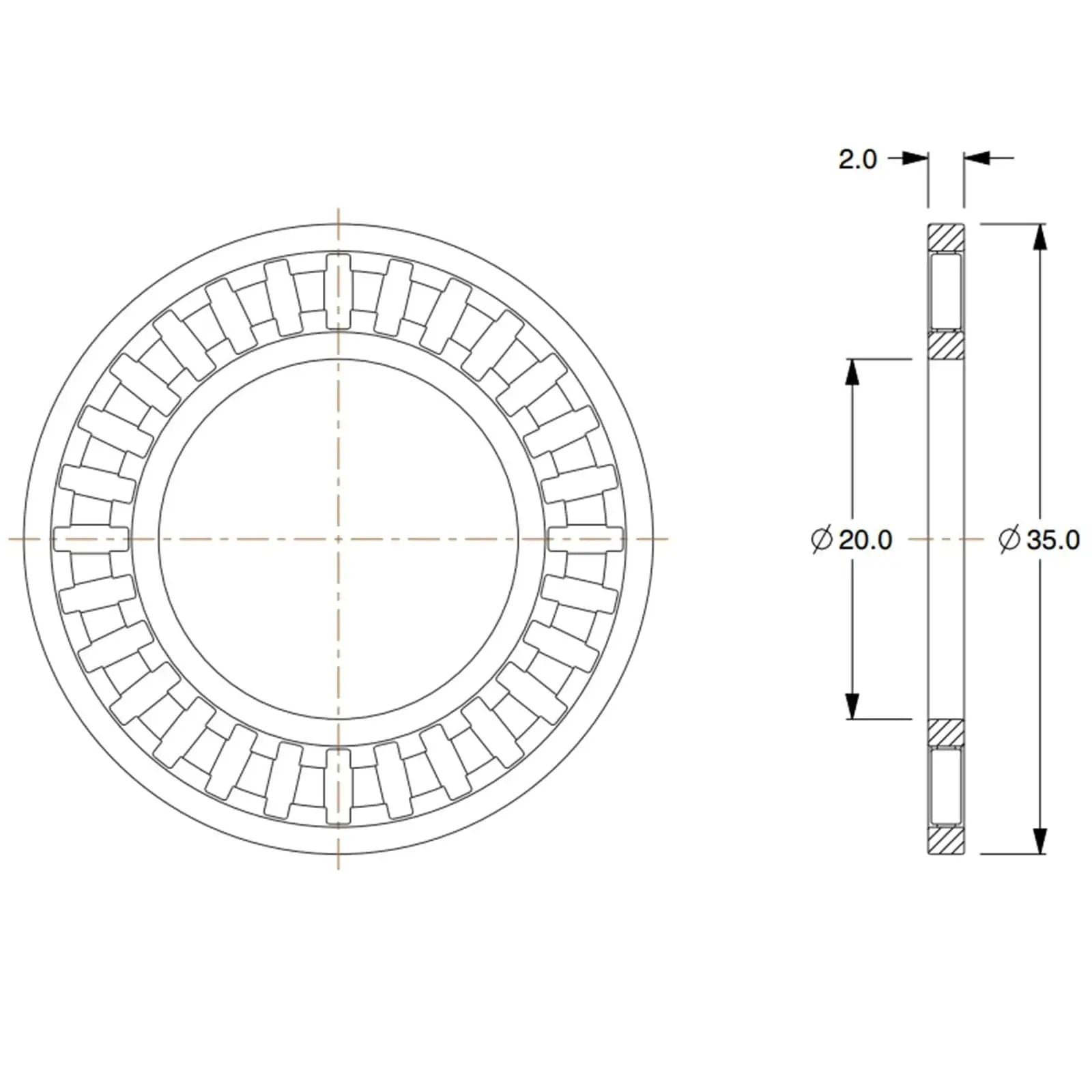 Technical drawing of Thrust Needle Roller Bearing Set AXK2035 With Washers, showing 20 mm bore, 35 mm OD, and 2 mm width dimensions.
