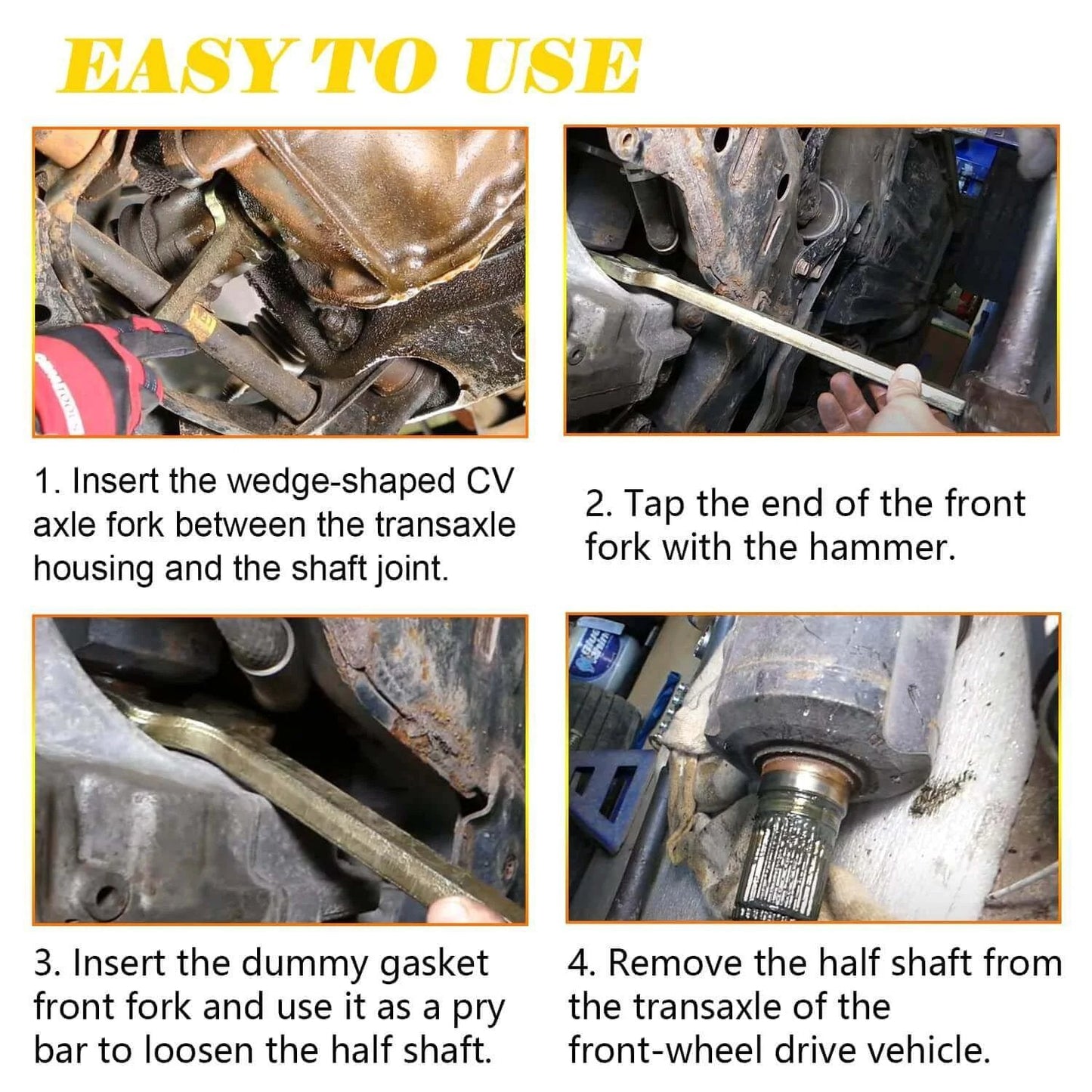 Step-by-step use of 2 Piece Axle Popper Kit Inner CV Axle Removal Tool Set Fit for Front Wheel Drive Vehicles.