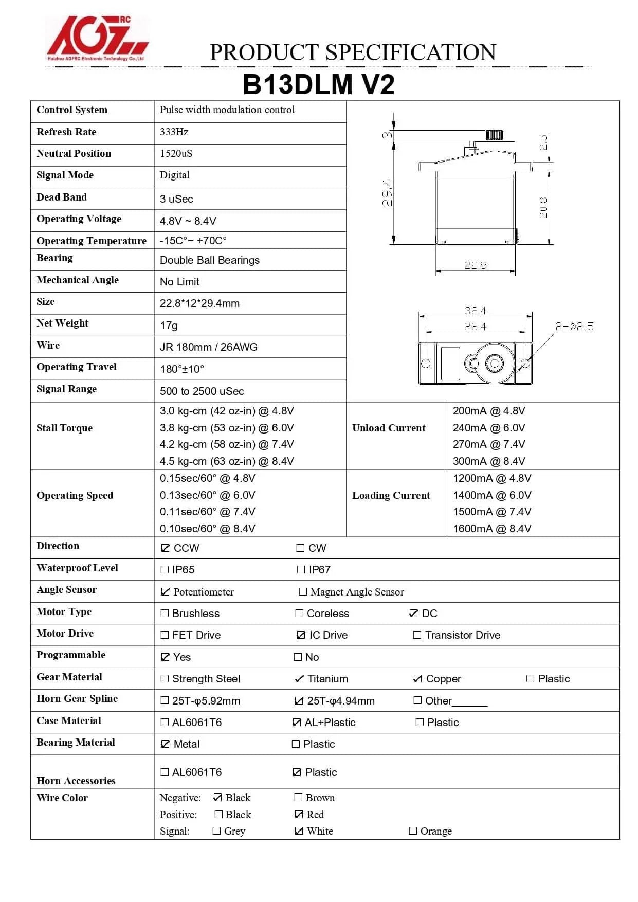 Sub-Micro Servo Motor - Upgrade Metal Case Titanium Gear 4.5kg HV Mini Servo for 1/14 1/18 1/24 RC Cars Planes B13DLM V2 specifications chart