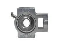 Front view of UCNST202NP 15 mm Narrow-Slot Set-Screw Mounted Ball Bearing with Nickel-Plated Cast Iron Housing, Contact Seal & Slinger.