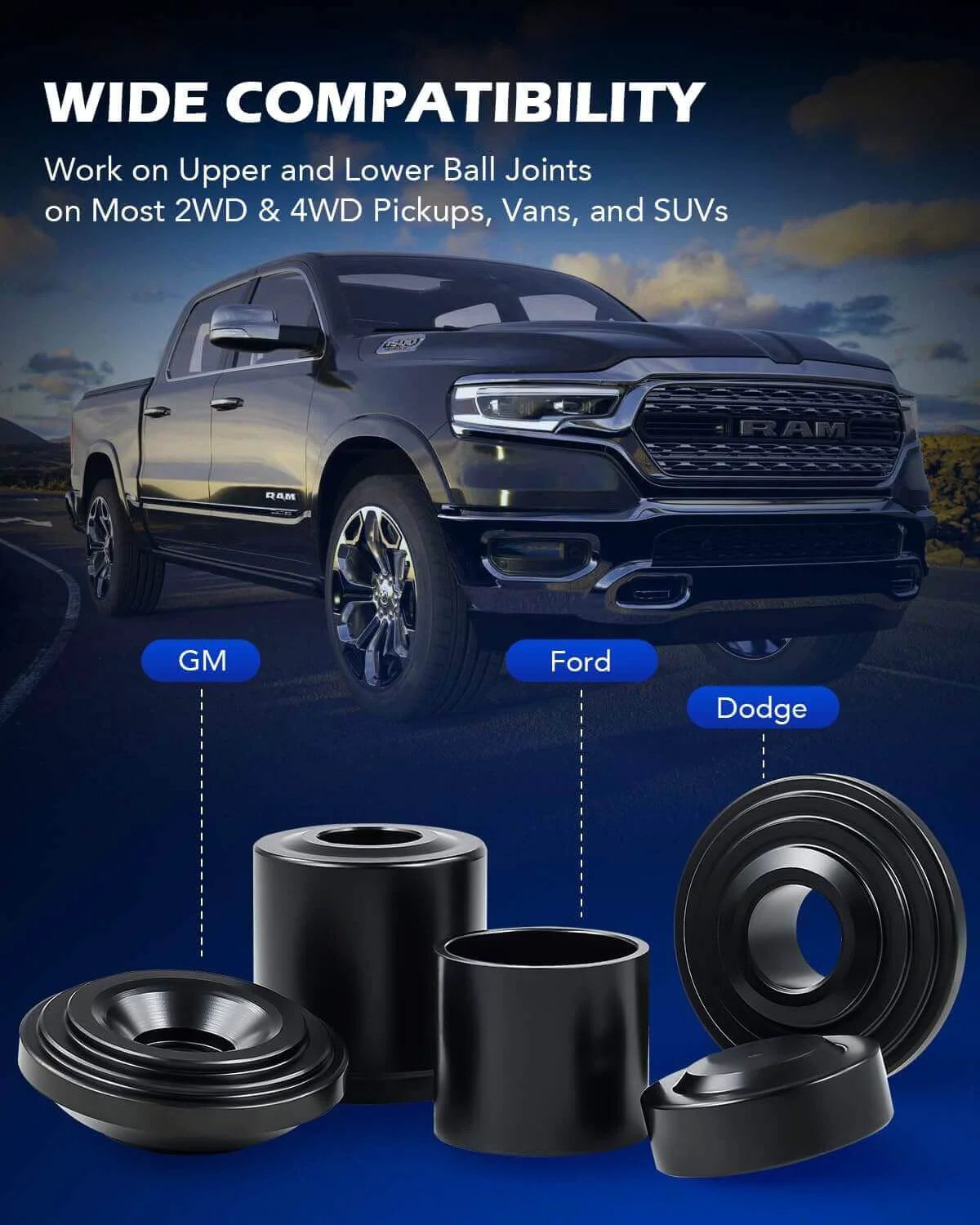 Ball Joint Press Kit, 21-Piece Ball Joint Removal Tool for Installing and Removing Ball Joints, U Joints, and Anchor Pins shown with compatible truck