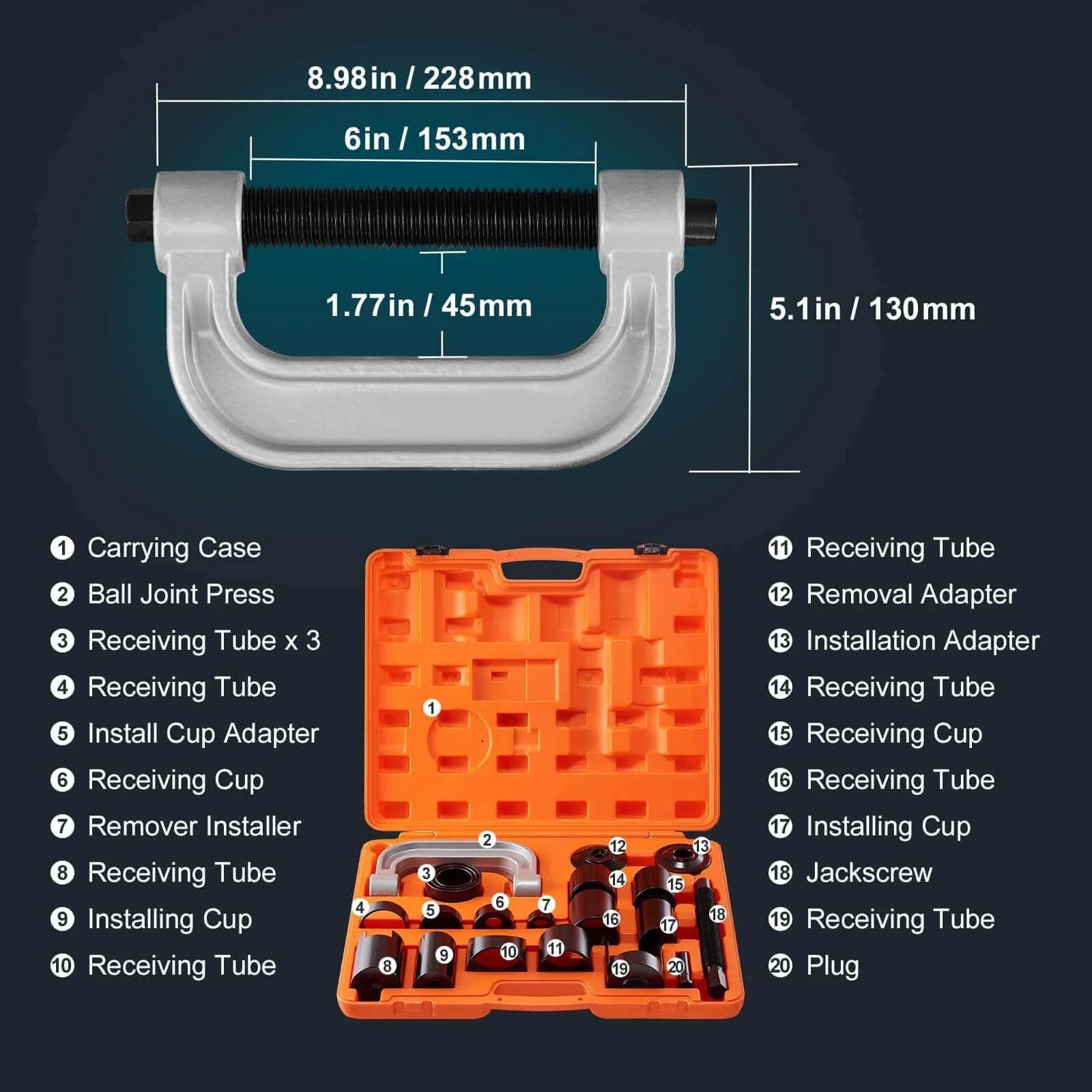 Ball Joint Press Kit, 21 pcsTool Kit with C-Press, labeled orange case, dimensions and components for 2WD, 4WD cars repair